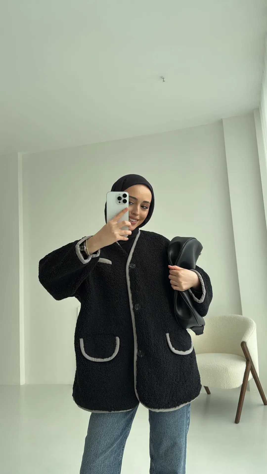Düğmeli Oversize Teddy Ceket Siyah