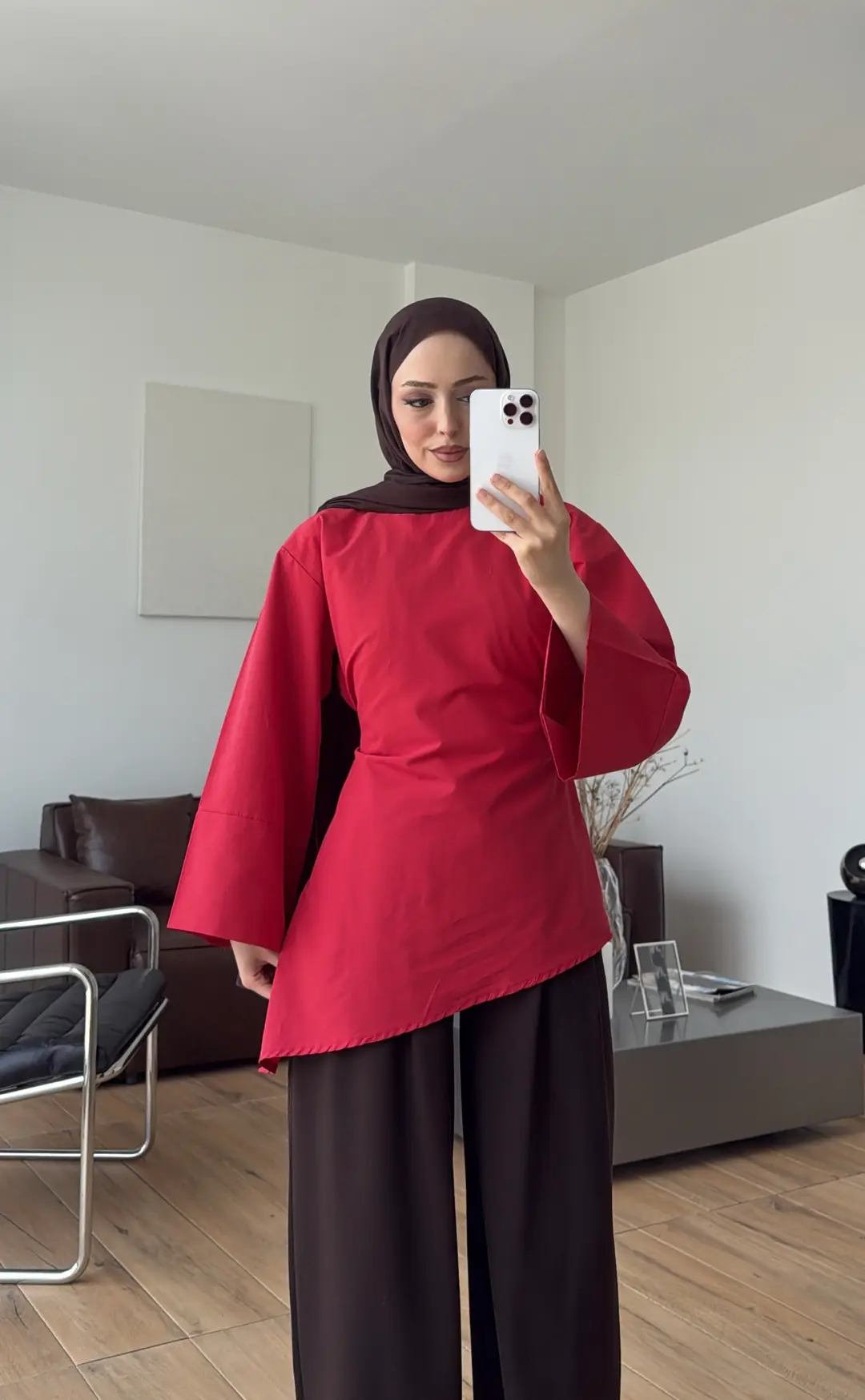 Ela Poplin Kalın Manşetli Bluz Kırmızı
