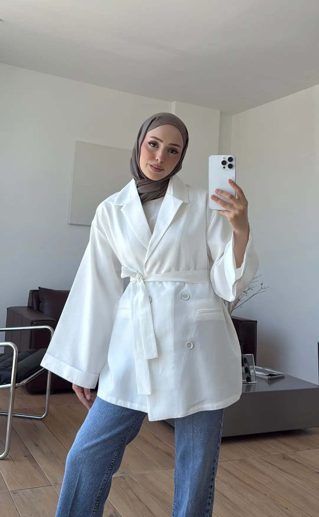 Kemerli Cepli Yazlık Ceket Beyaz