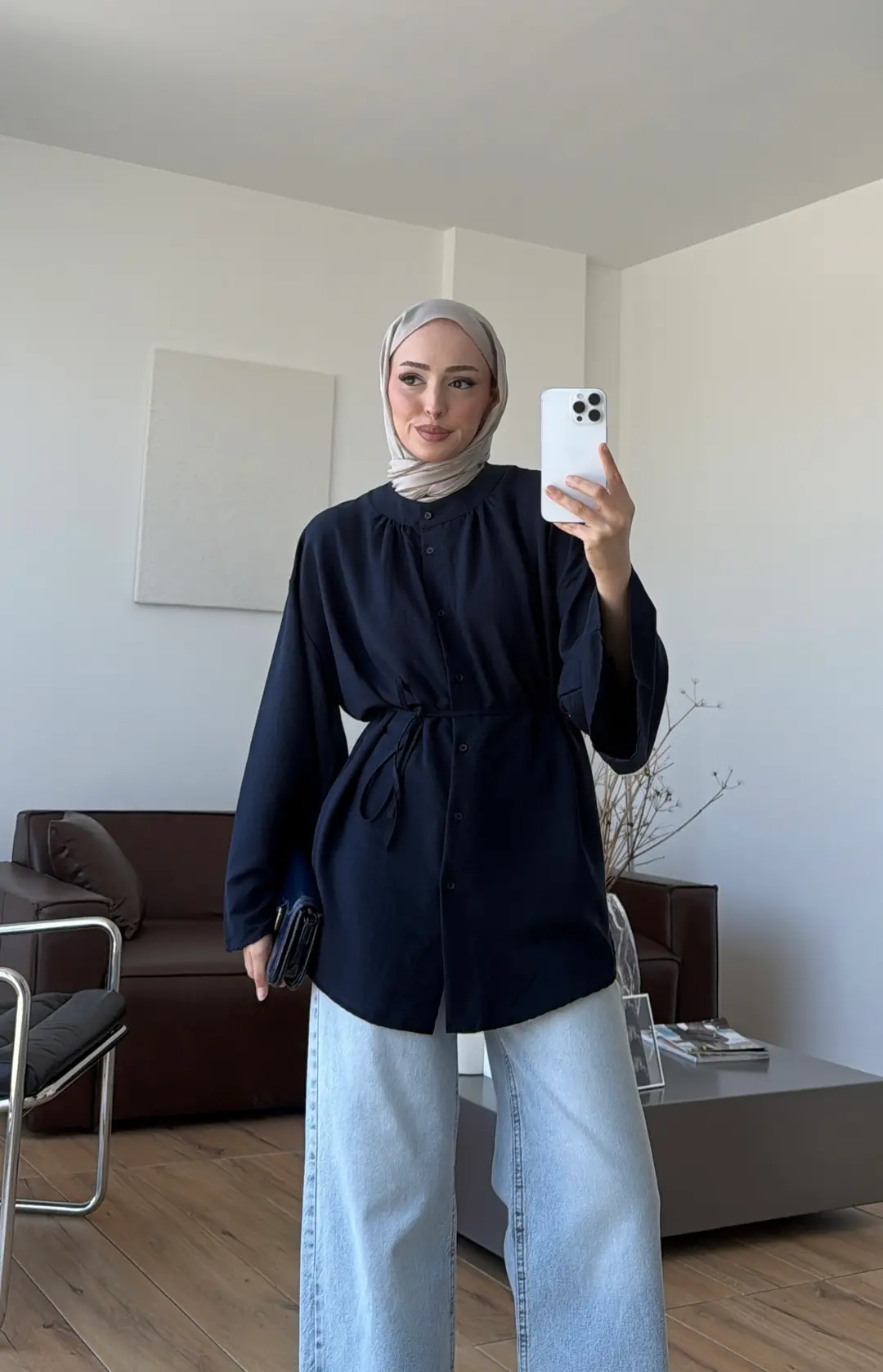 Büzgülü Bel Bağlamalı Gömlek Lacivert