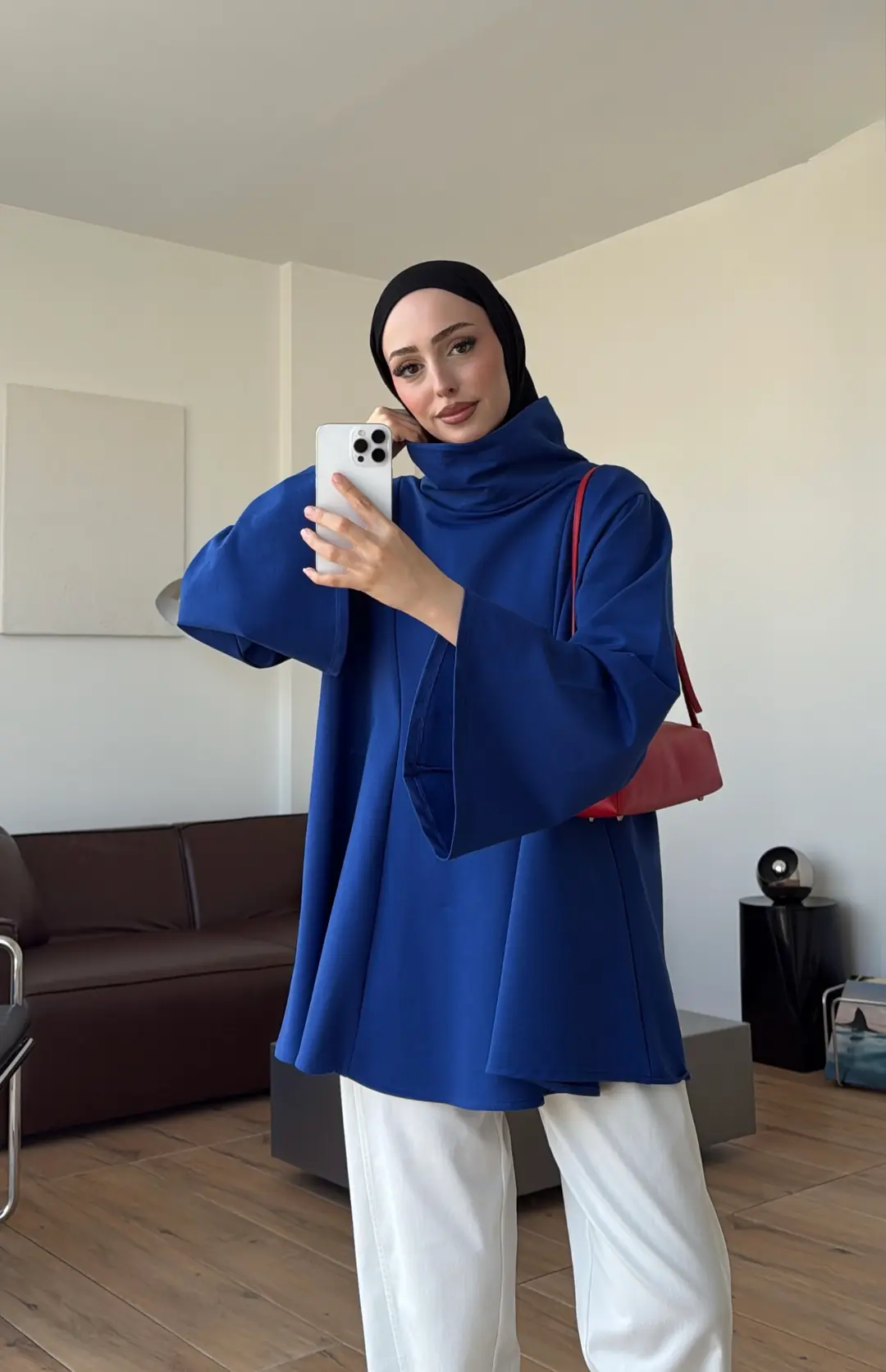 Bel Bağlamalı Dik Yaka Tunik Saks
