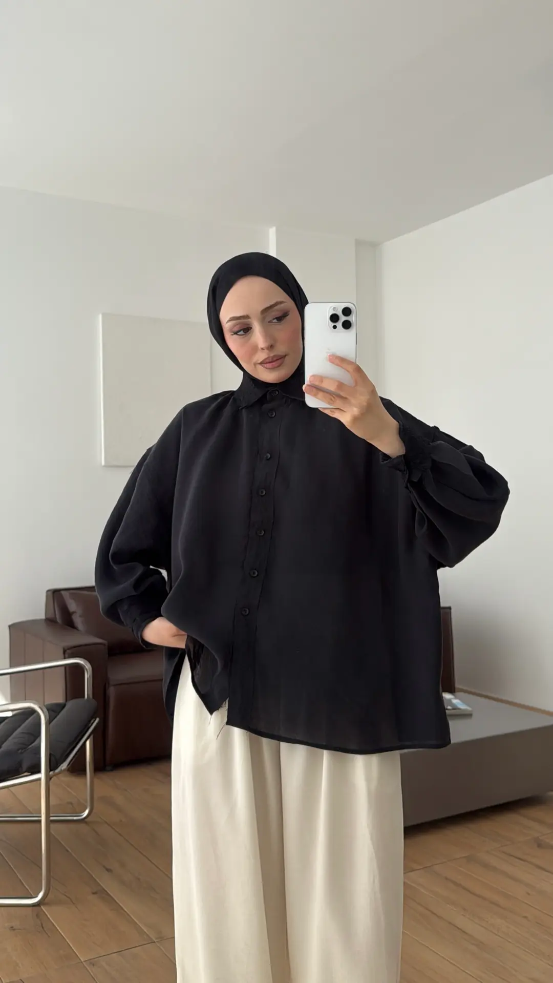 Dantelli Pis Dikişli Tencel Gömlek Siyah