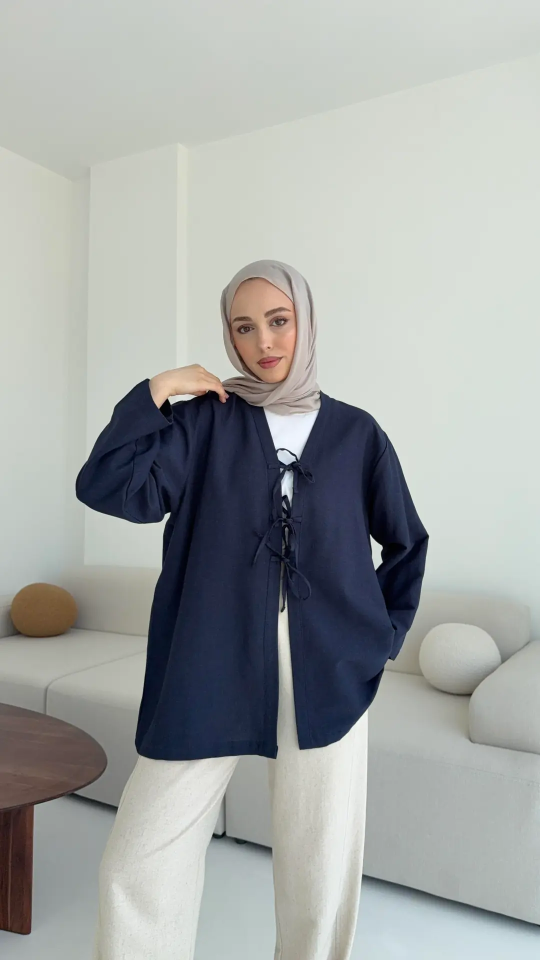 Keten Üç Bağlamalı Kimono Lacivert