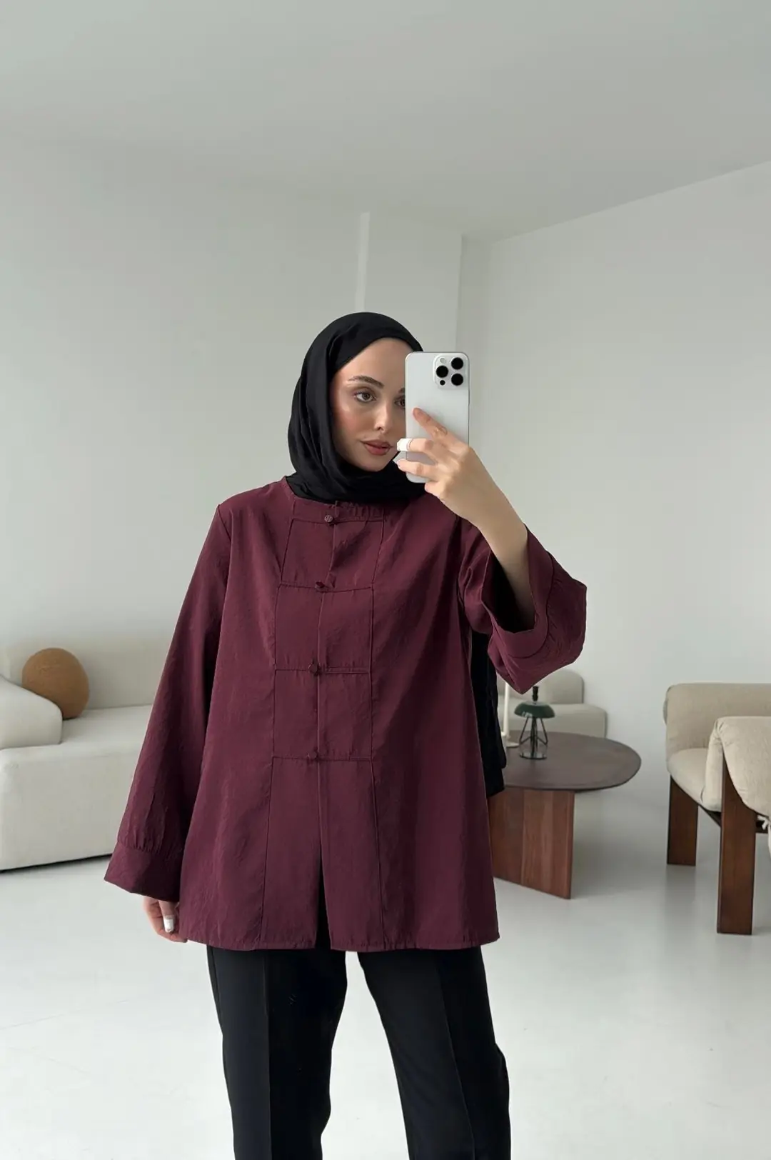 Bordo Düğme Detay Gömlek