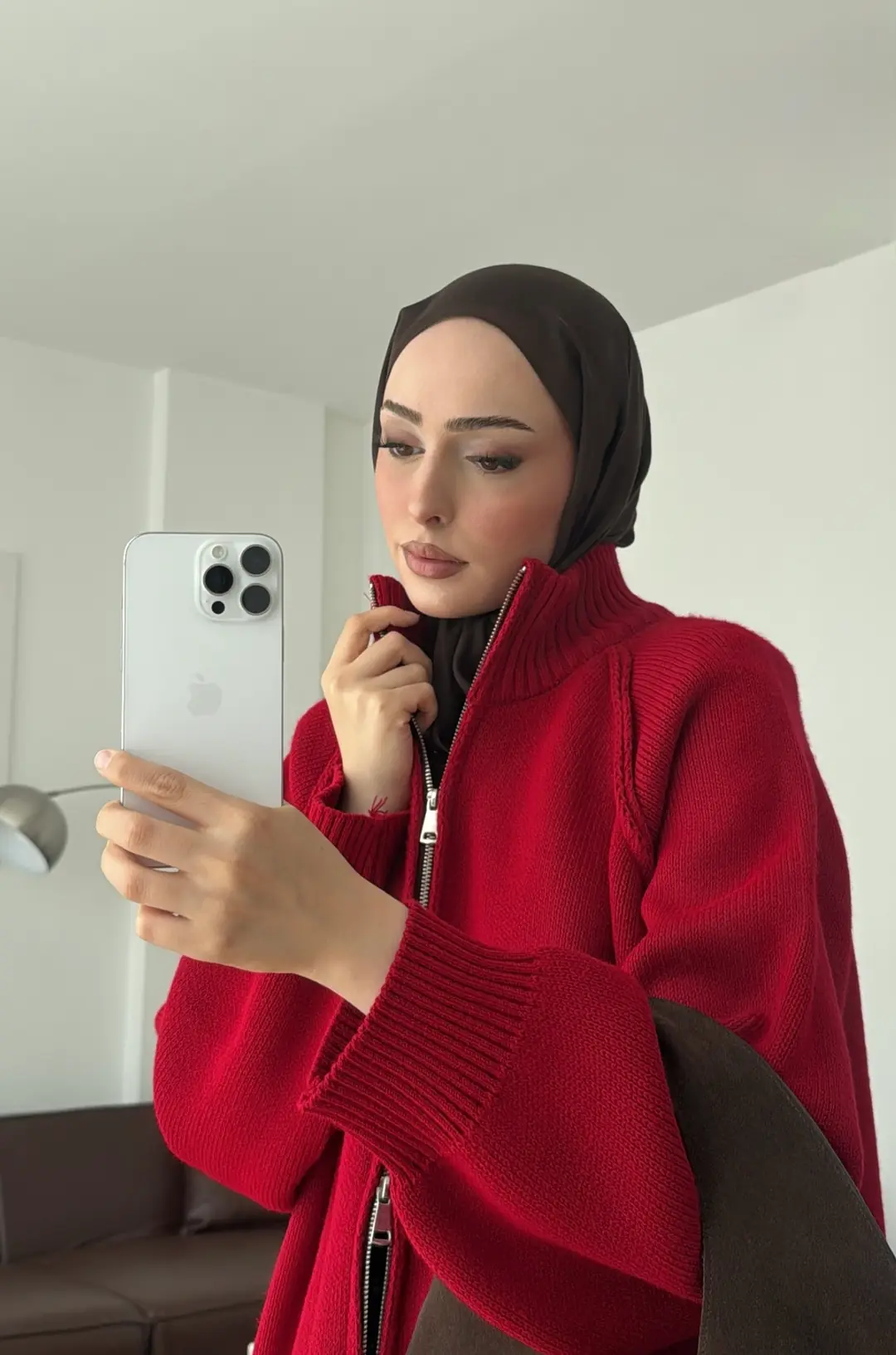 Çift Fermuarlı Triko Hırka Kırmızı