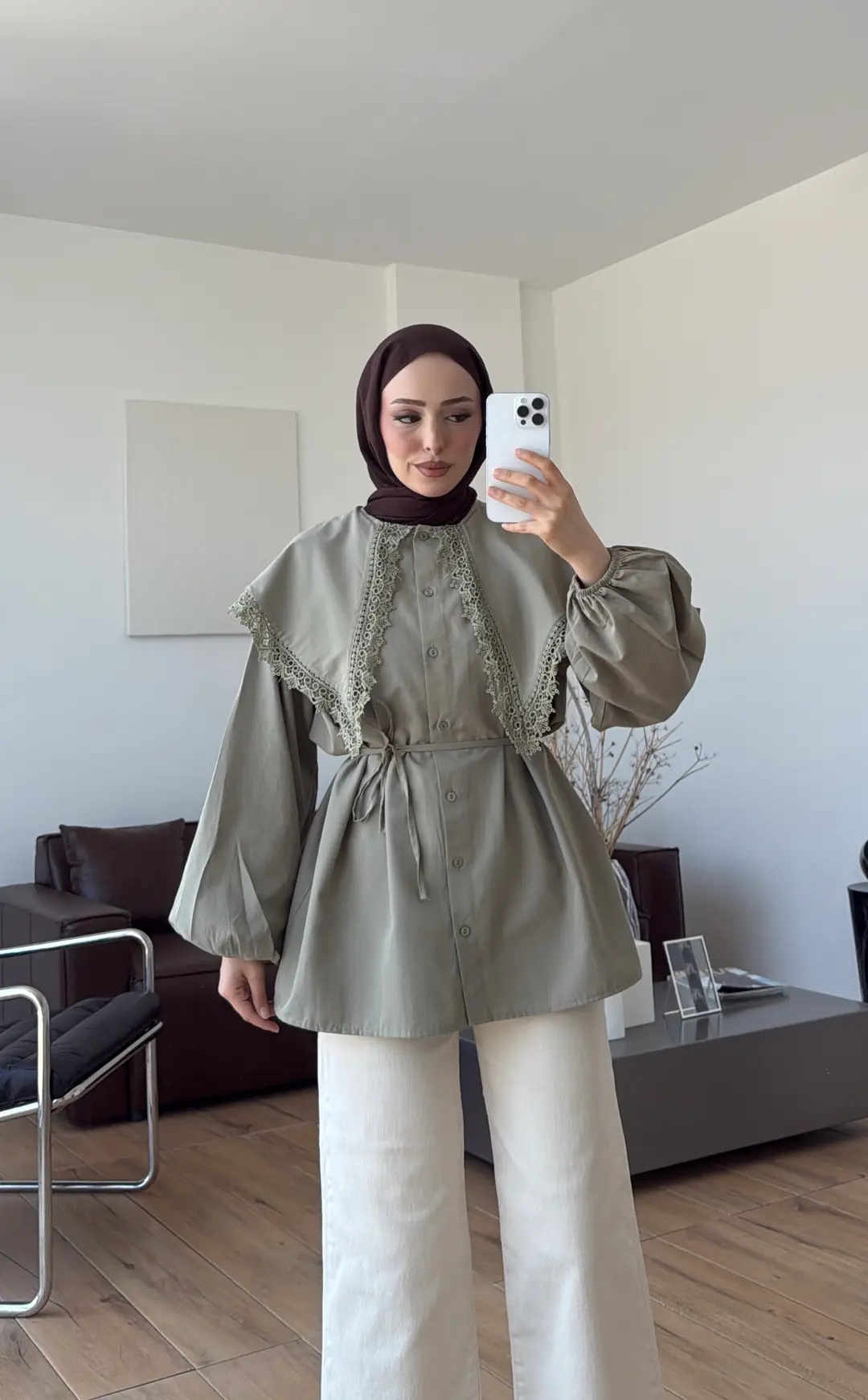 Mendil Yaka Dantel Detaylı Gömlek Acık Yeşil