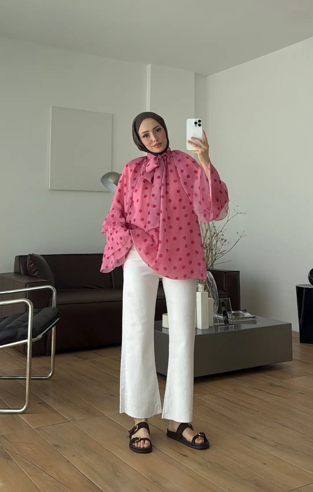 Oryo Puantiyeli Şifon Bluz Pembe