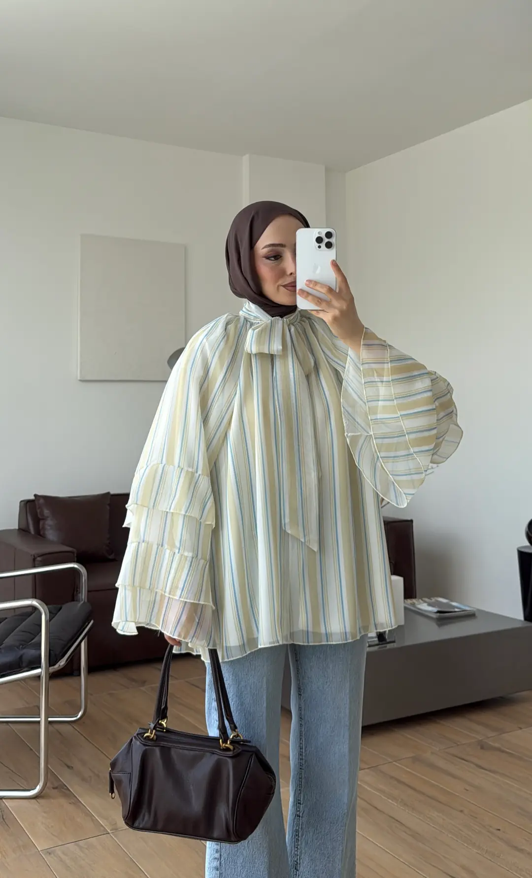 Oryo Çizgili Şifon Bluz Sarı