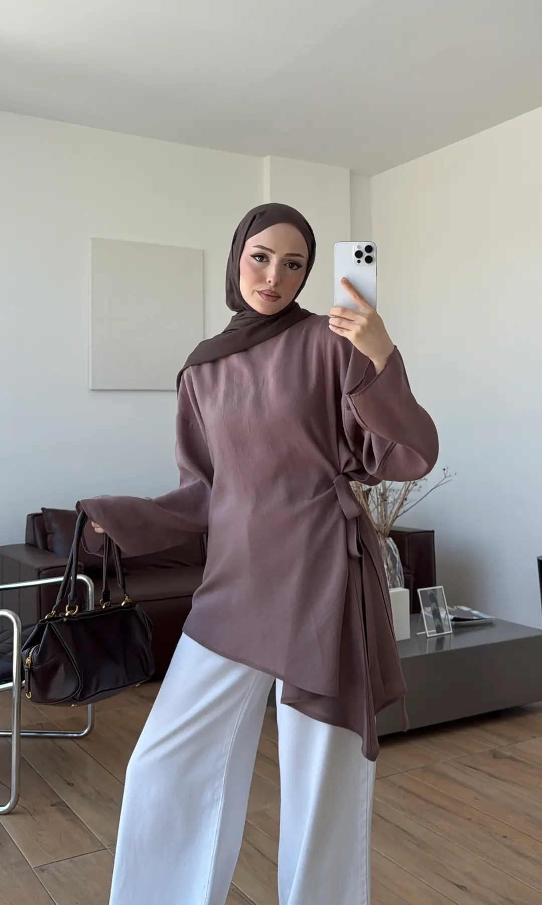 Yandan Bağlamalı Asimetri Bluz Vizon