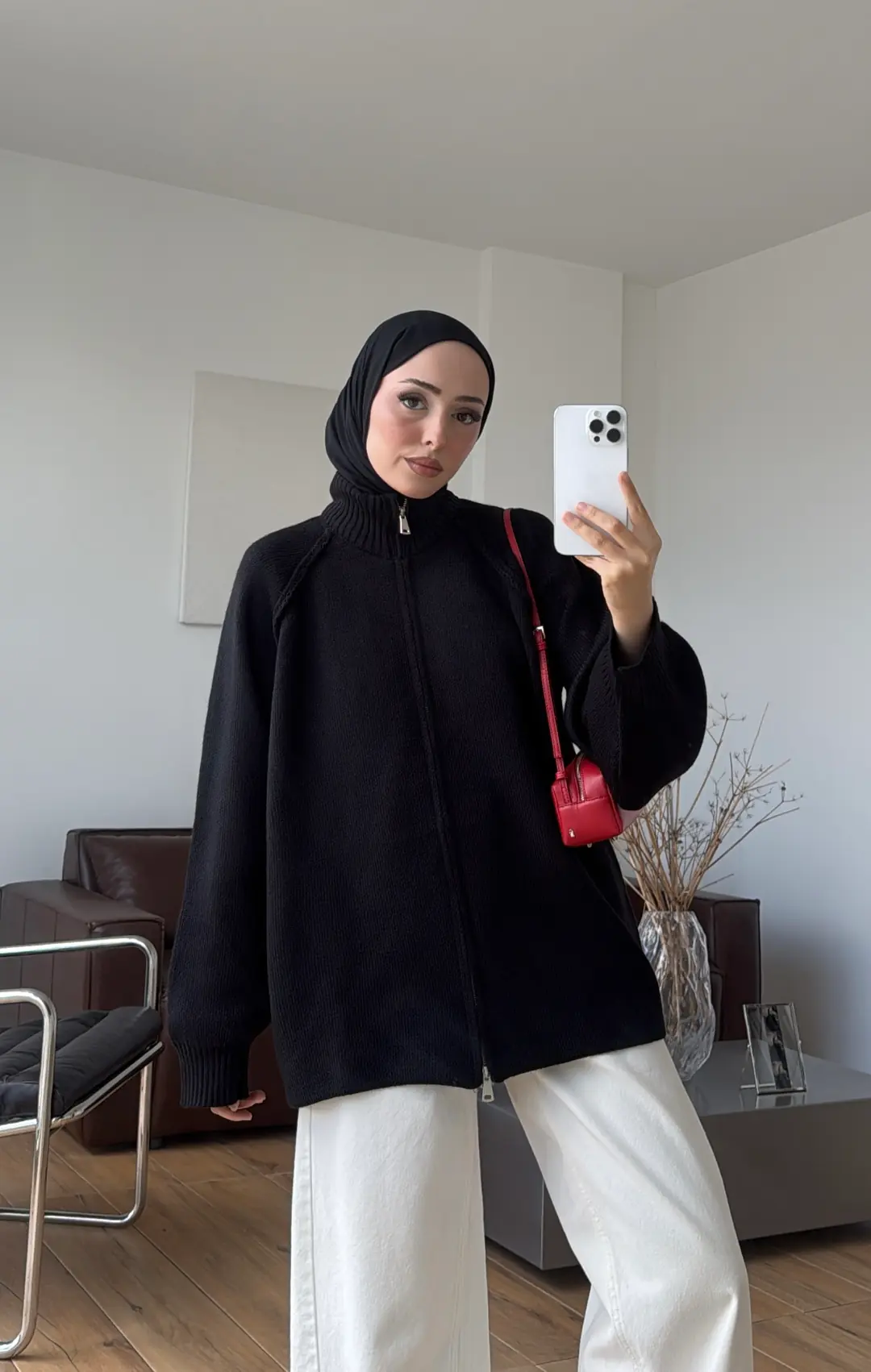 Çift Fermuarlı Triko Hırka Siyah