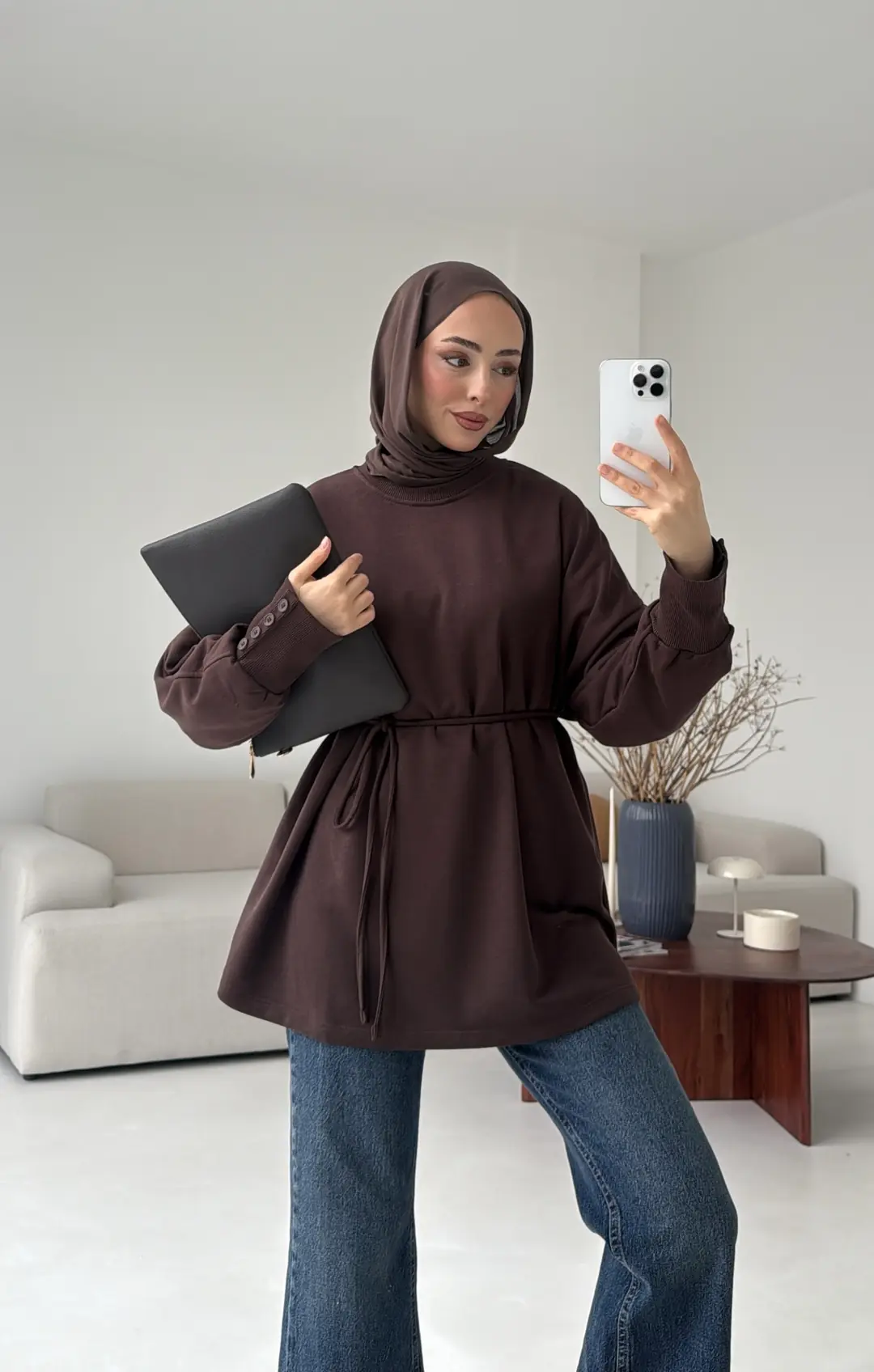 Manşeti Düğme Detay Swearshirt Kahve