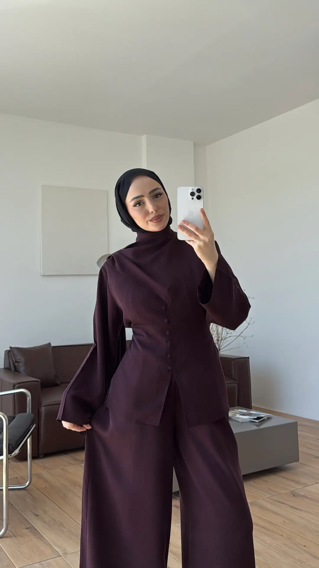 Şal Detay Bol Paçalı Takım Mürdüm