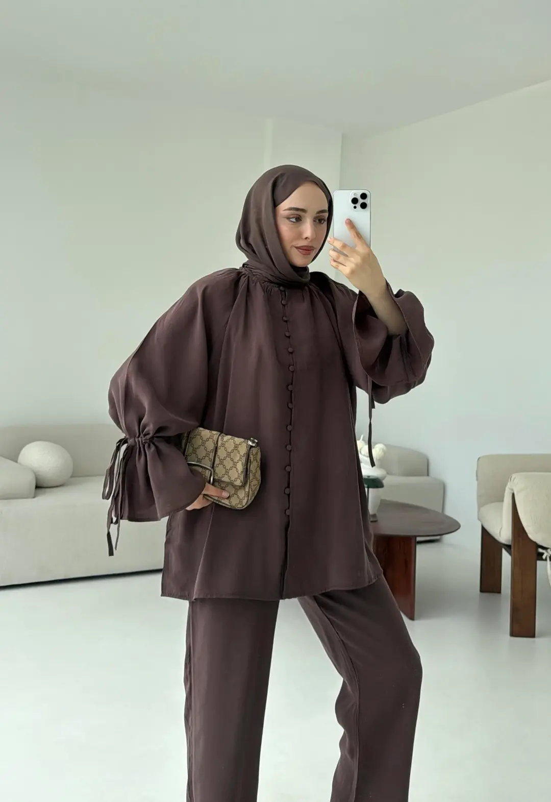 Birit  Düğmeli Tencel Takım Kahve