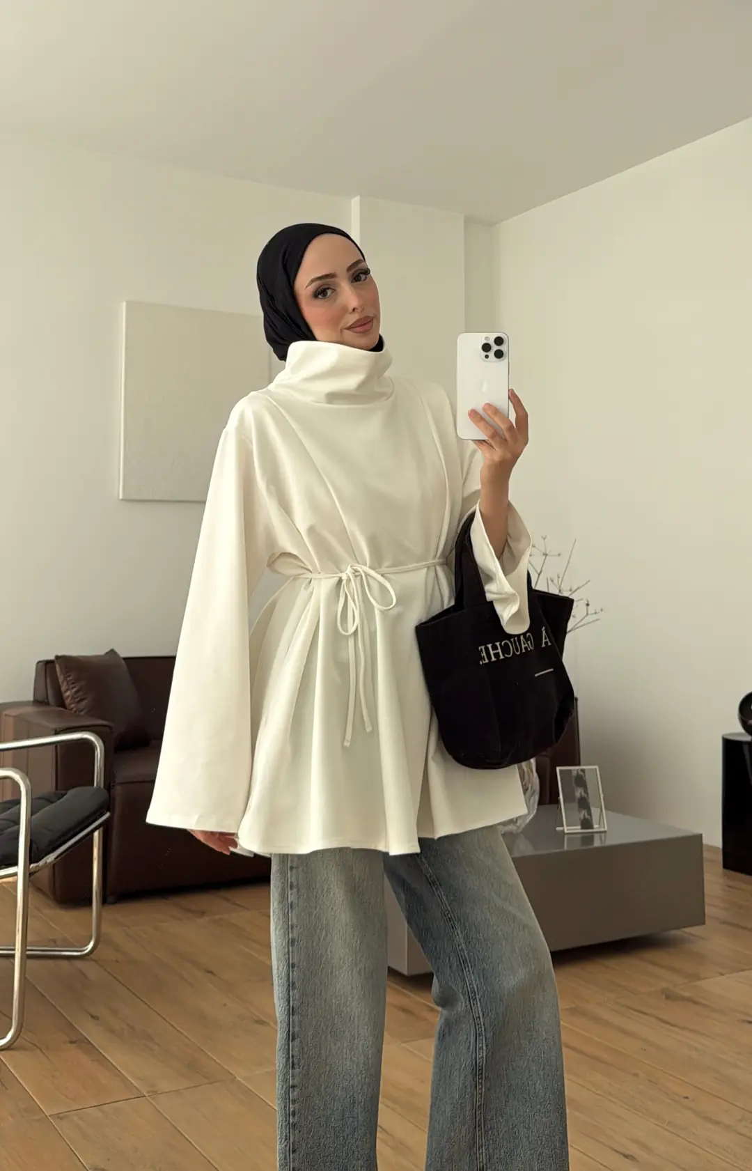Bel Bağlamalı Dik Yaka Tunik Ekru