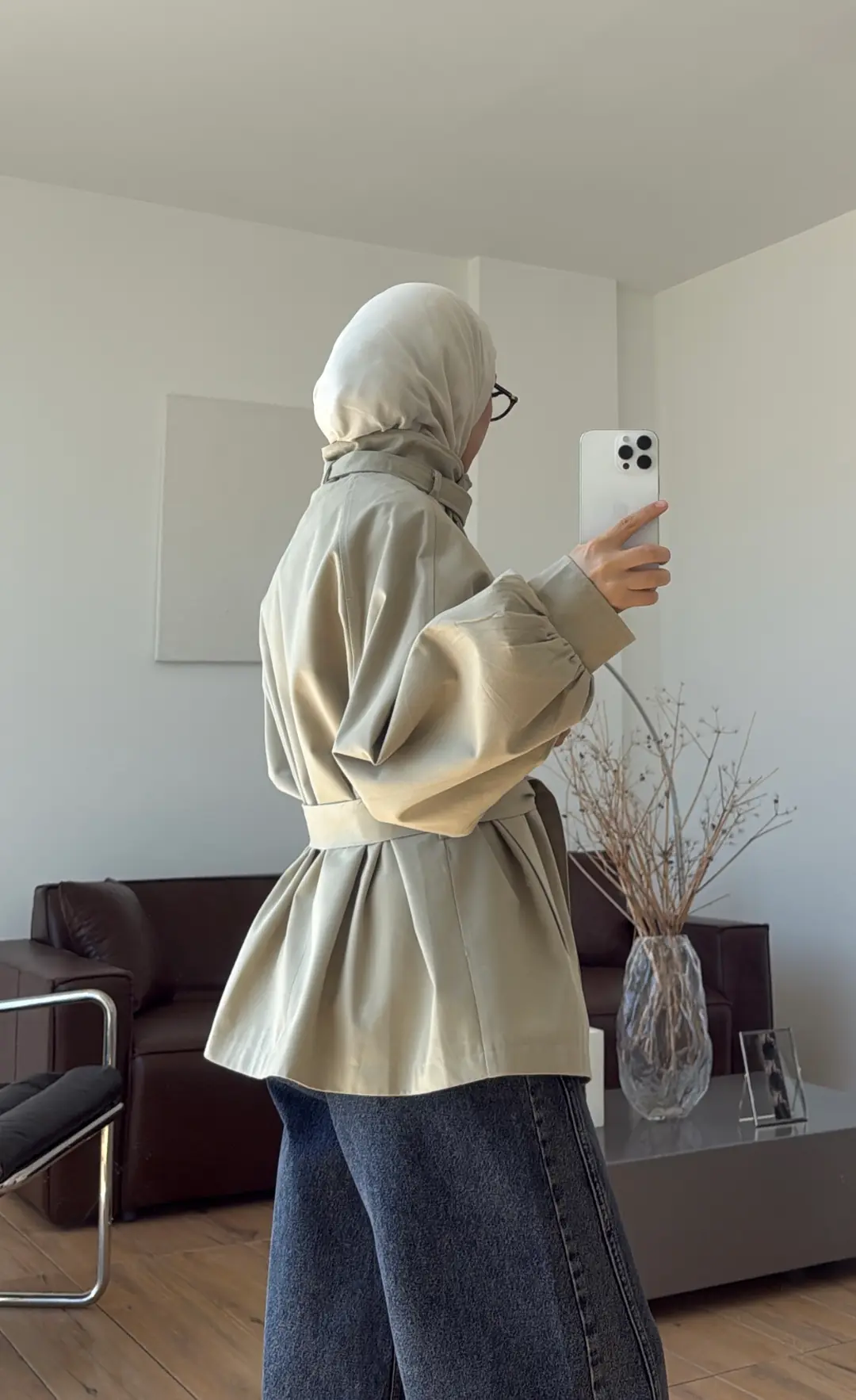 Kuşaklı Dik Yaka Ceket Haki