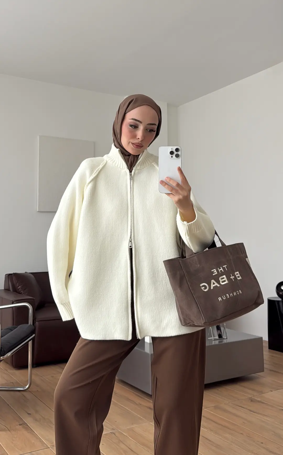Çift Fermuarlı Triko Hırka Ekru