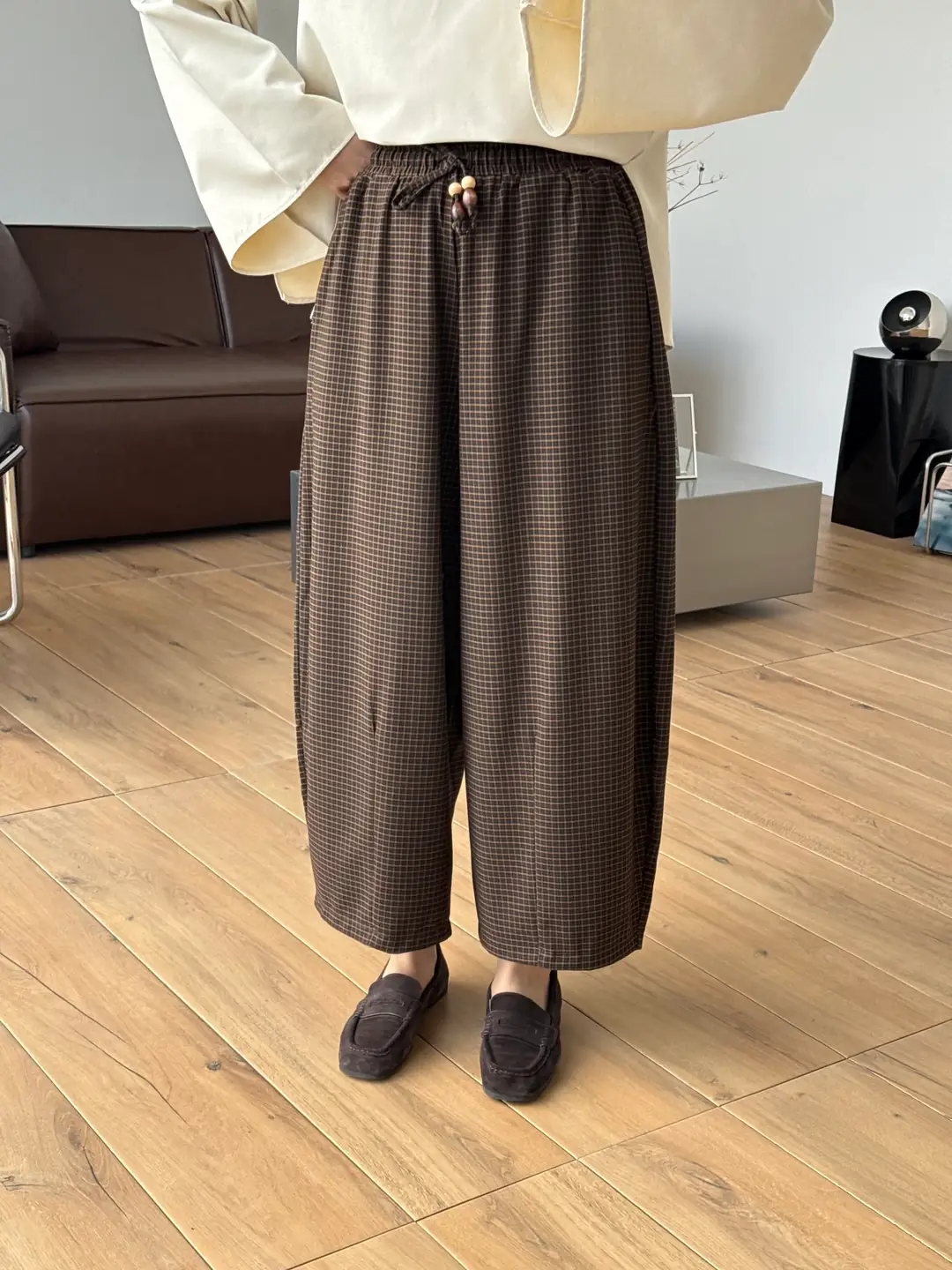 Kareli Beli Lastikli Pantolon Camel