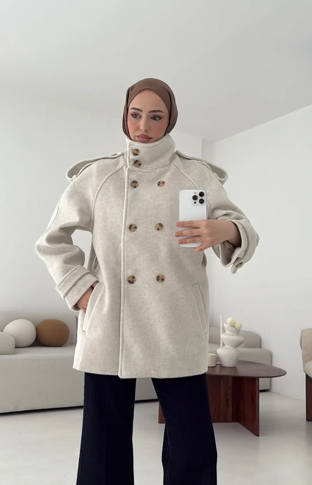 Kuşaklı Oversize Kaşe Kaban Bej