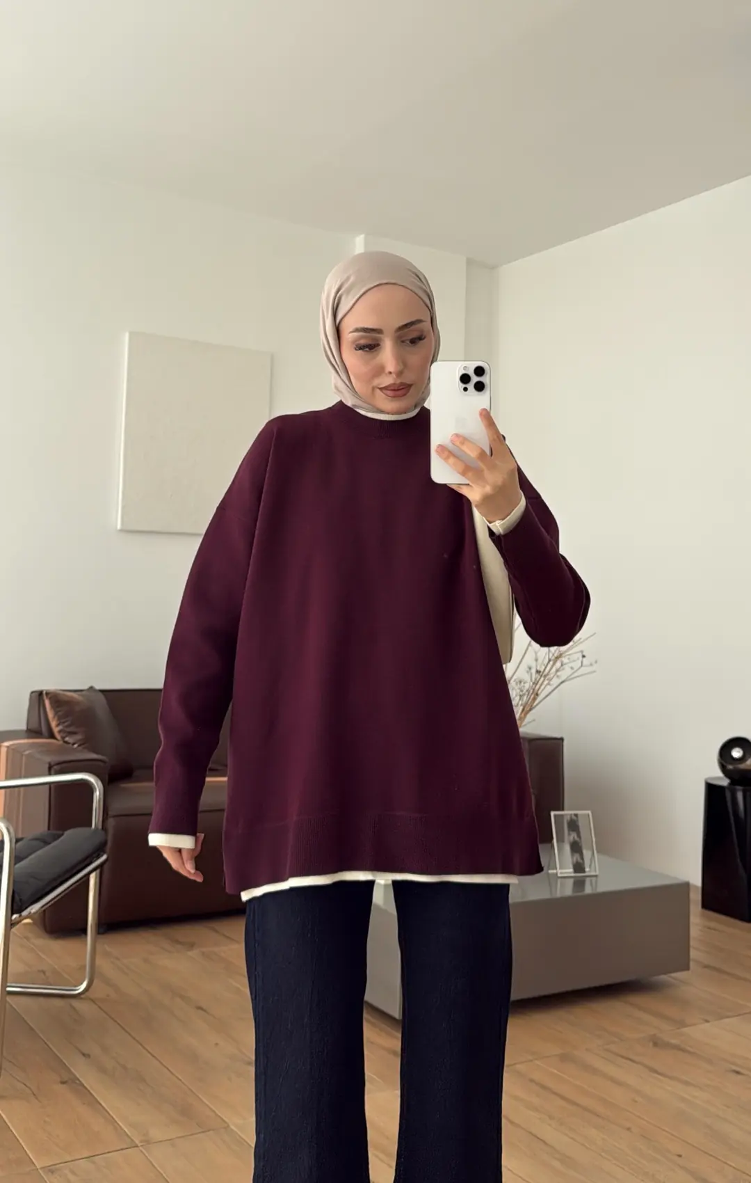 Kontrast Geçişli Triko Kazak Mürdüm