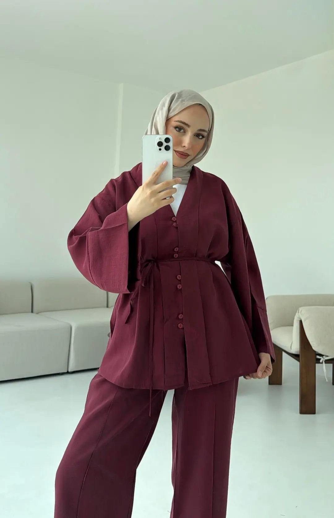 Şal Yaka Düğmeli Takım Bordo
