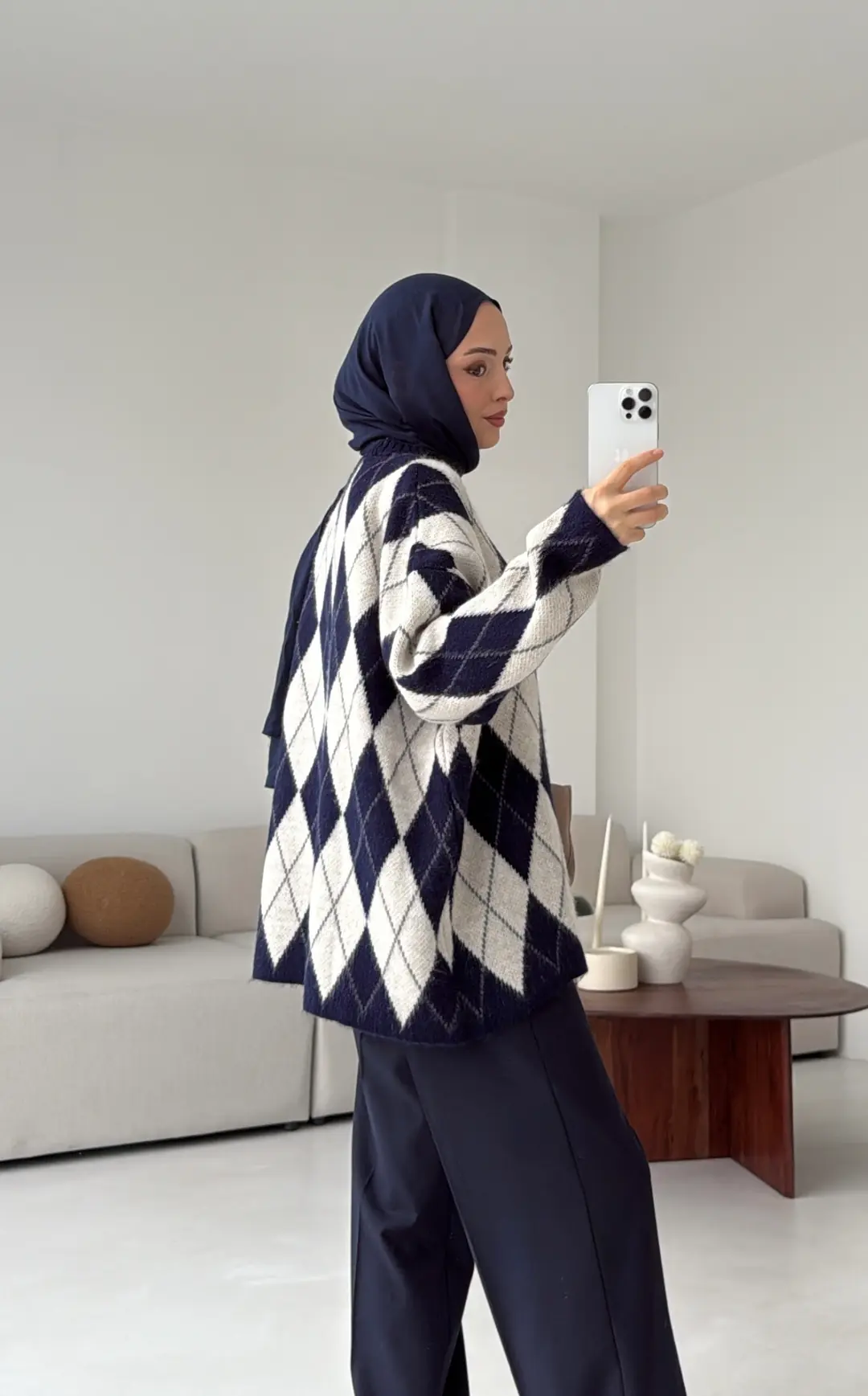 Premium Desenli Kalın Kazak Krem/Lacivert