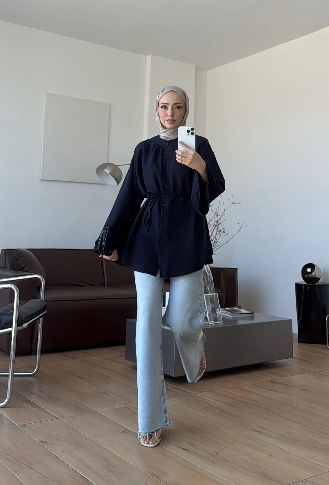 Büzgülü Bel Bağlamalı Gömlek Lacivert