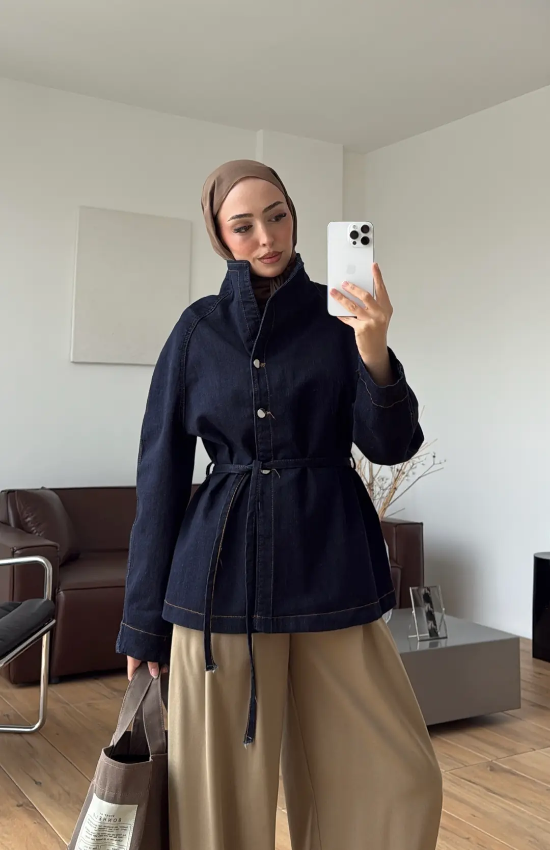 Dik Yaka Lacivert Denim Ceket