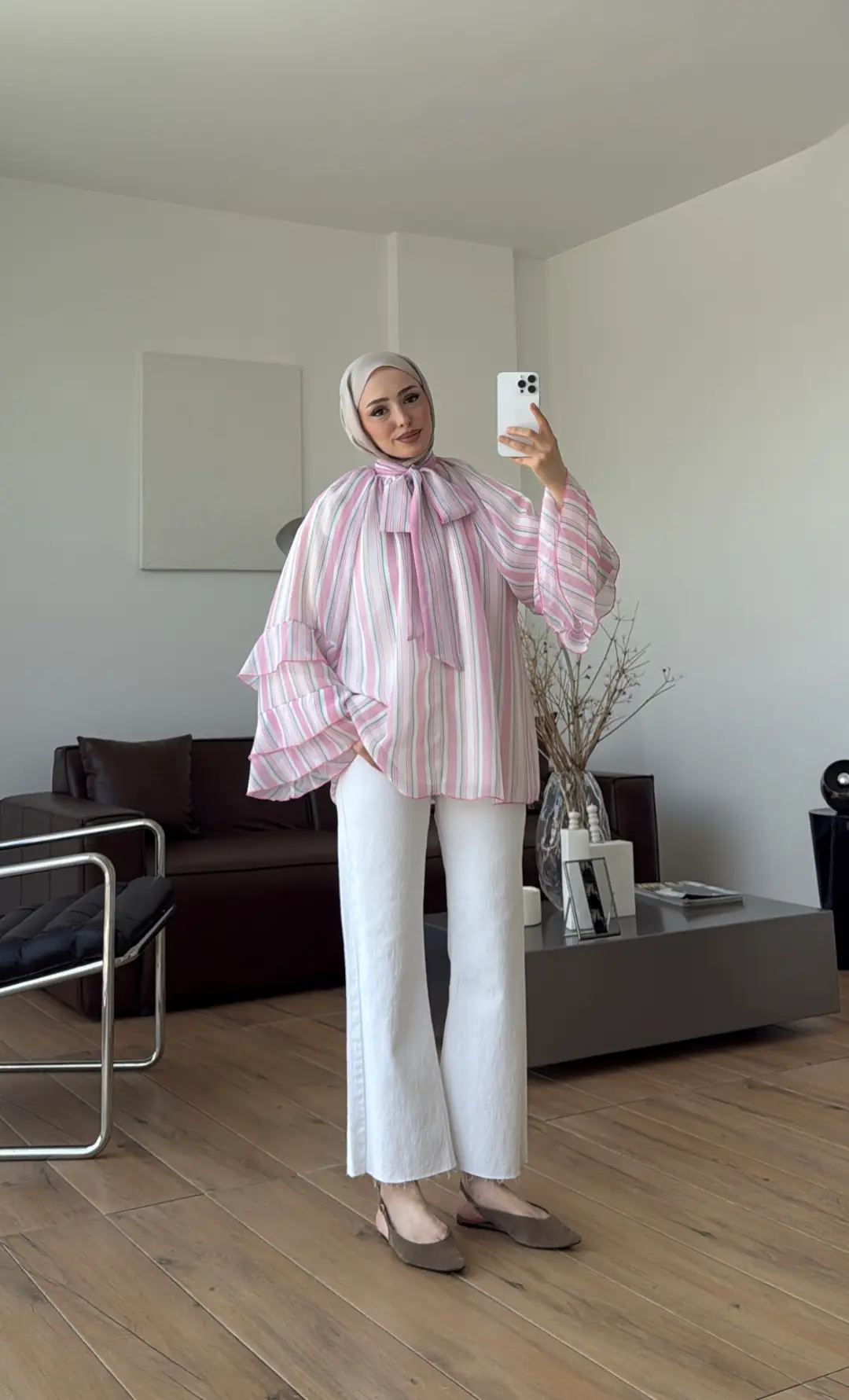 Oryo Çizgili Şifon Bluz Pembe