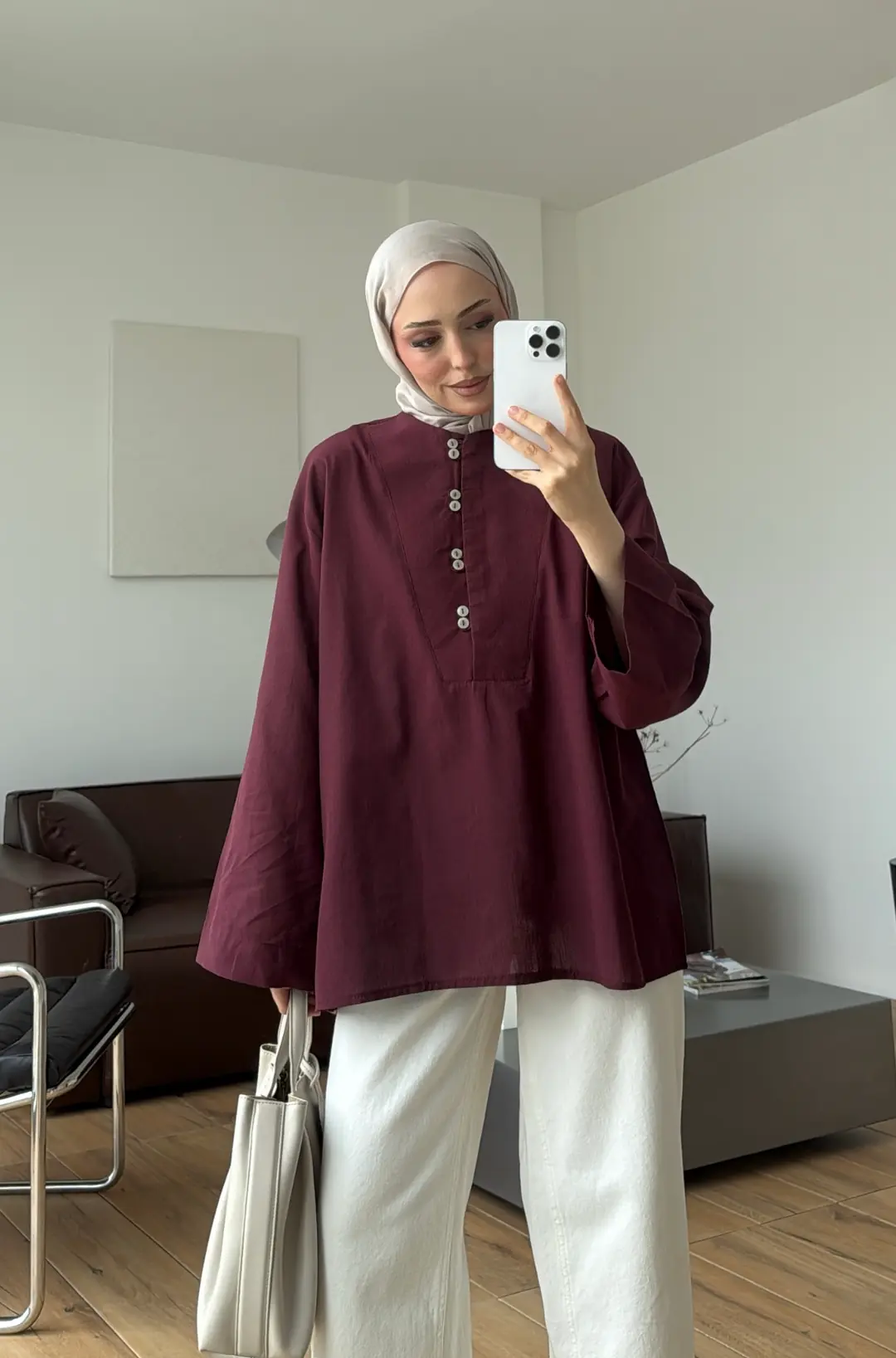 Önden Birit Düğmeli Keten Gömlek Bordo