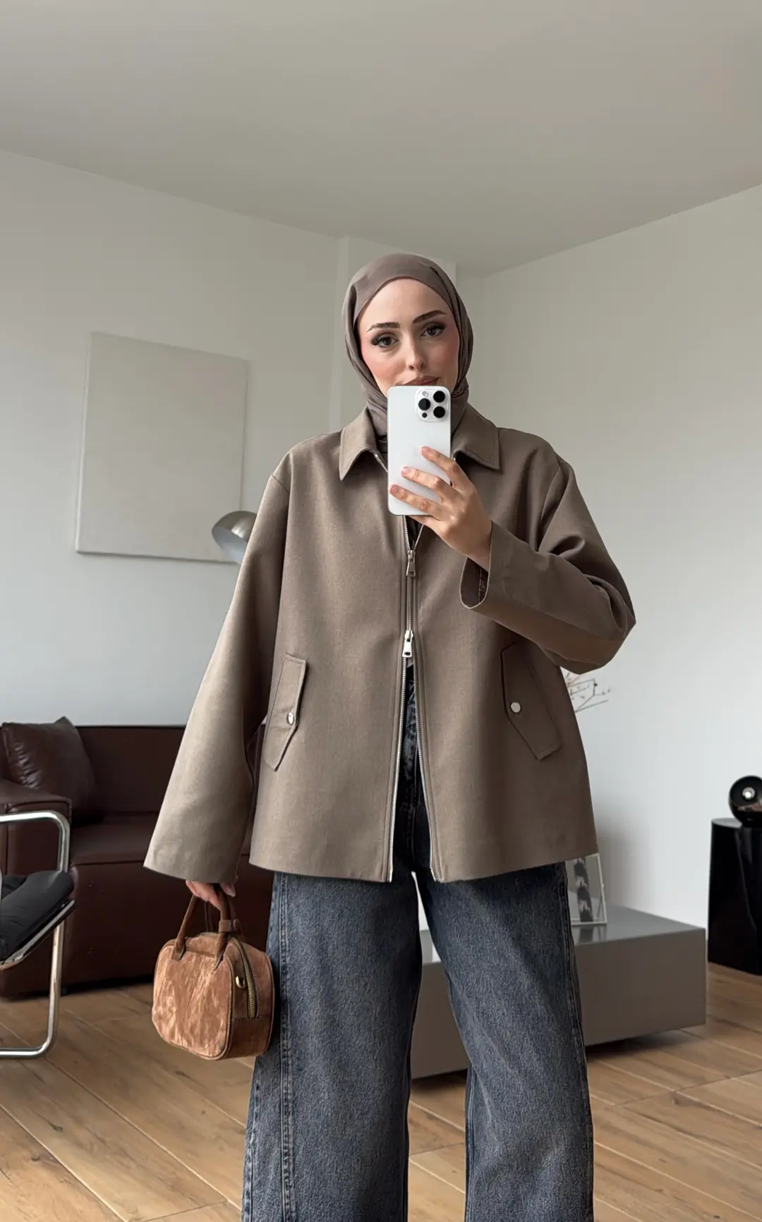 Çift Fermuarlı Ceket Vizon
