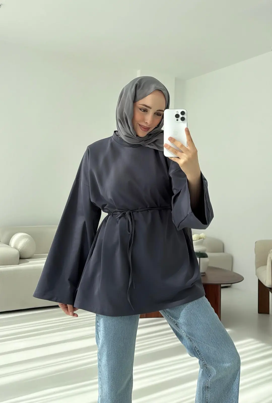 İki iplik Baglamalı Bluz Koyu  Gri