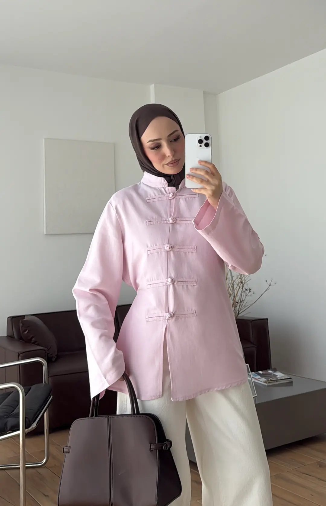 Süslü Düğmeli Keten Bluz Pembe