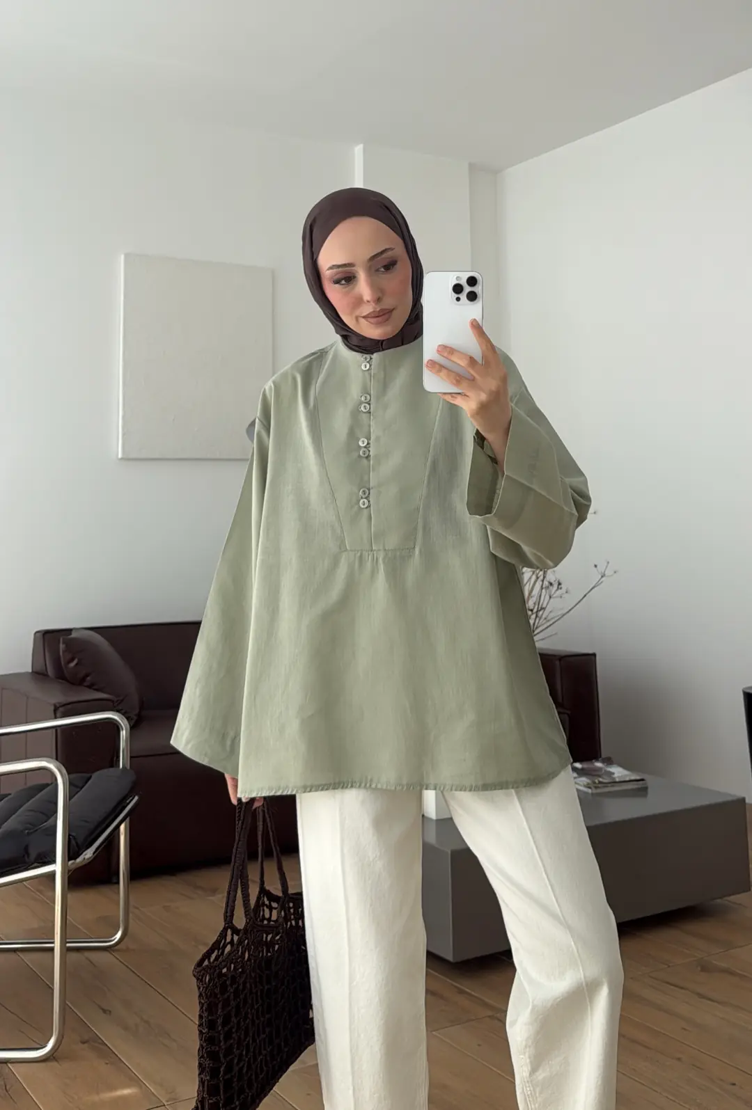 Önden Birit Düğmeli Keten Gömlek Mint