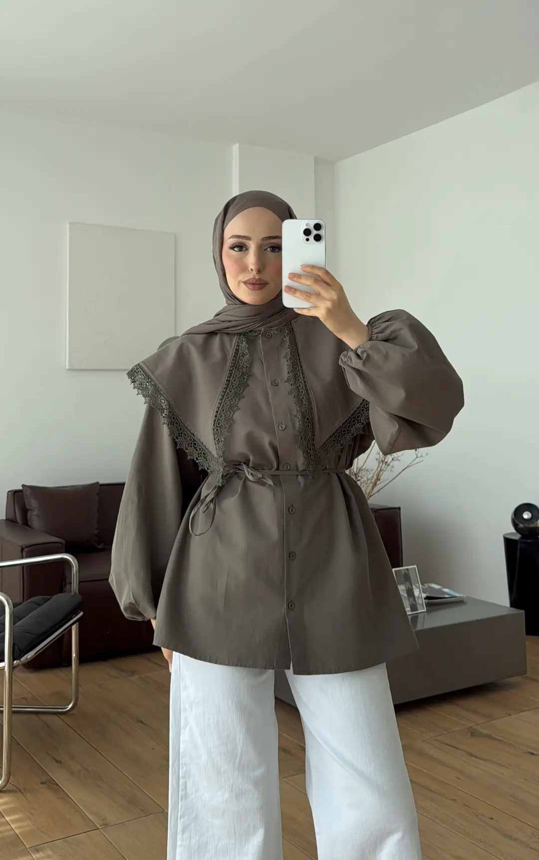 Mendil Yaka Dantel Detaylı Gömlek Haki