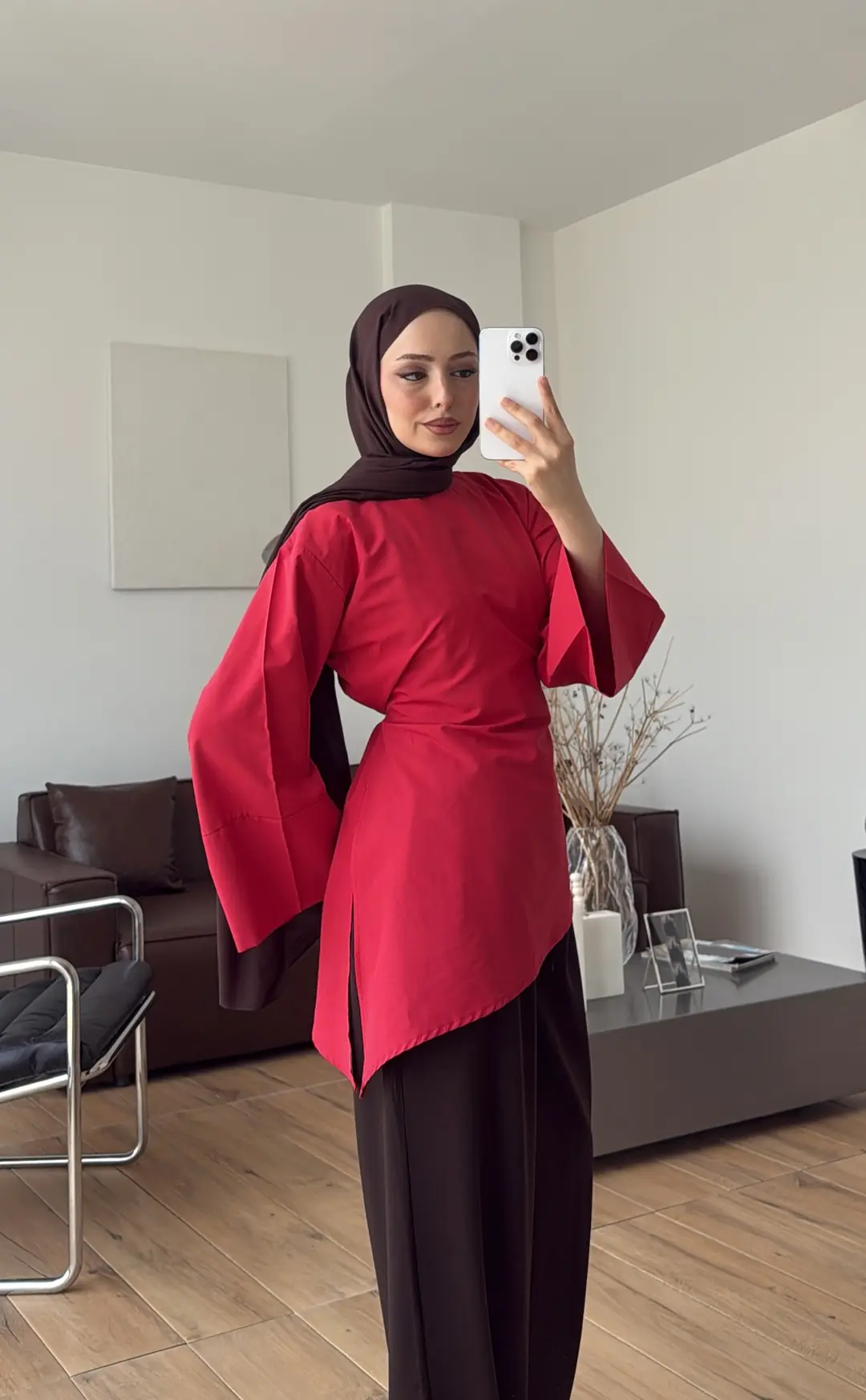 Ela Poplin Kalın Manşetli Bluz Kırmızı