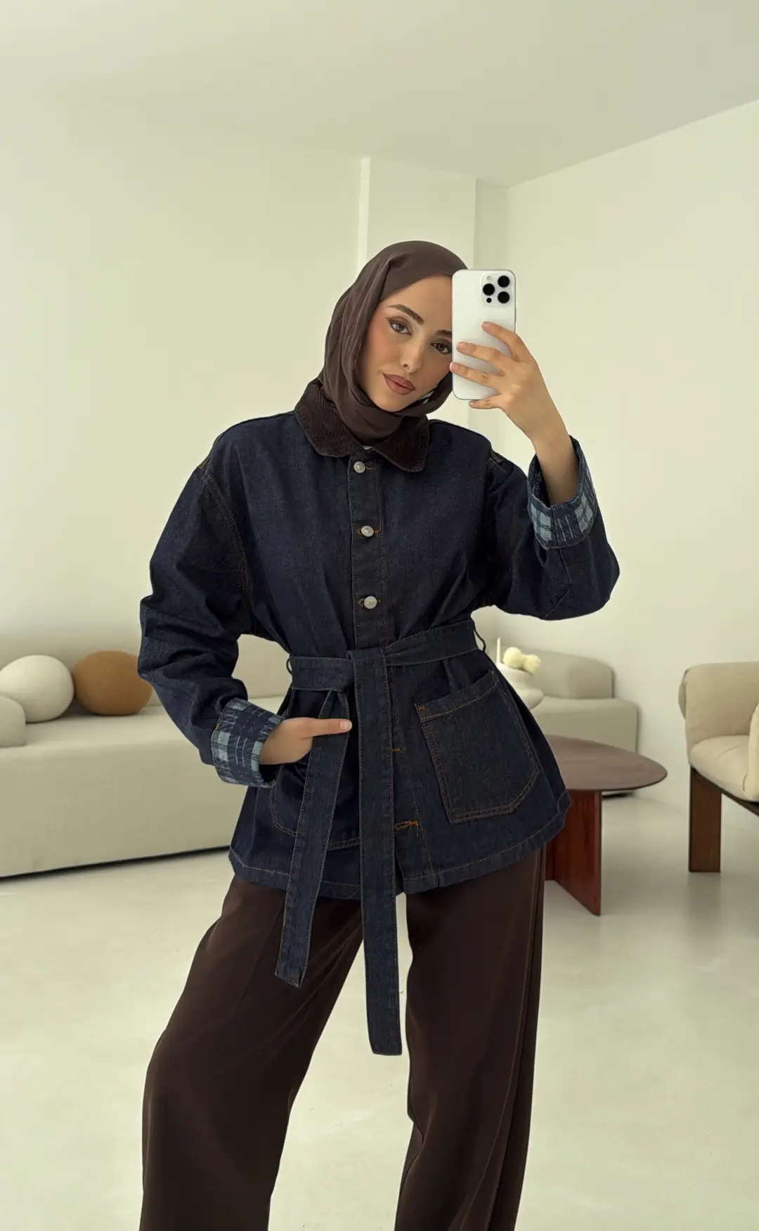 Astarı Ekose Detay Denim Ceket Mavi
