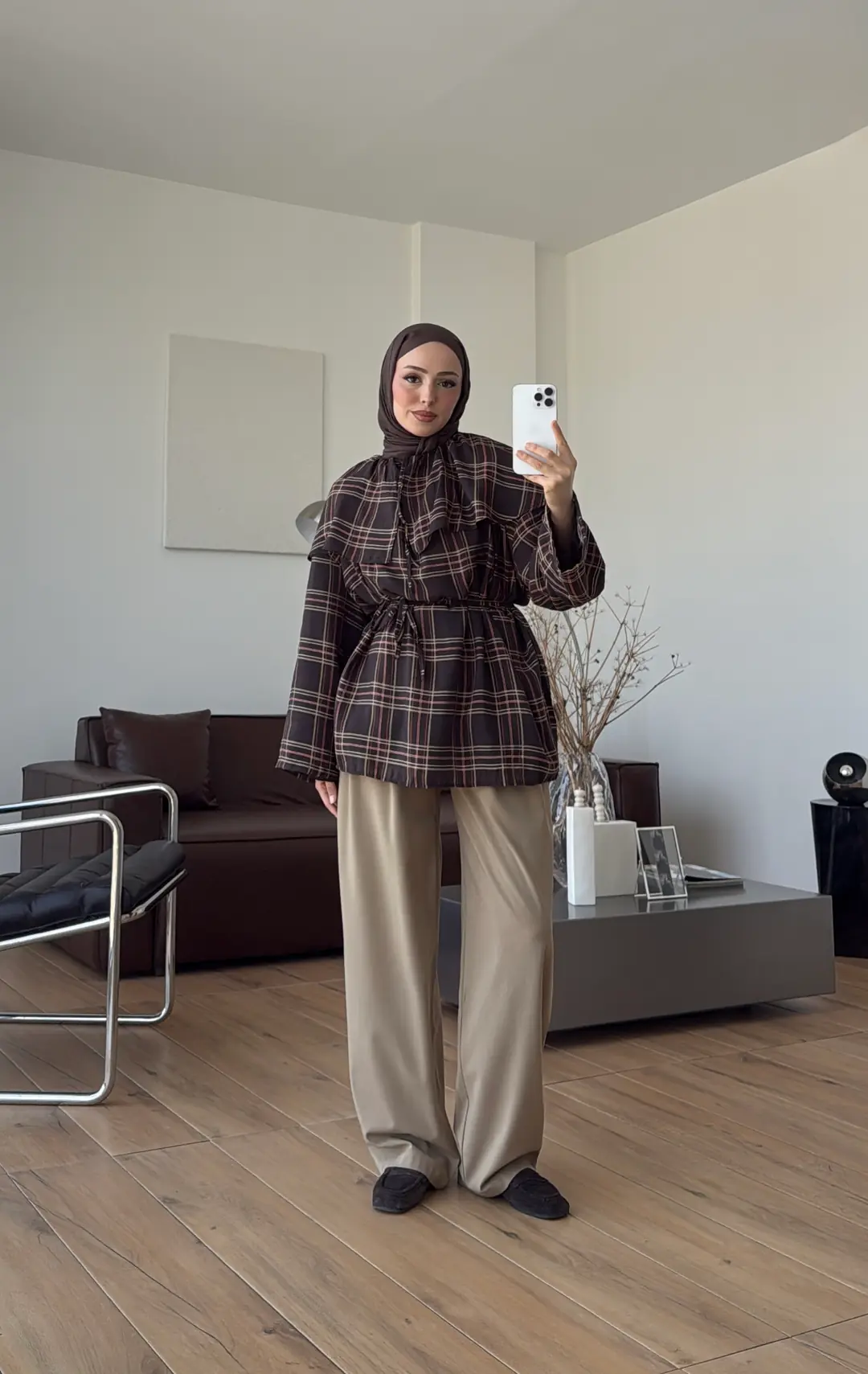 Pelerinli BağcıklI Bluz Kahve Ekose