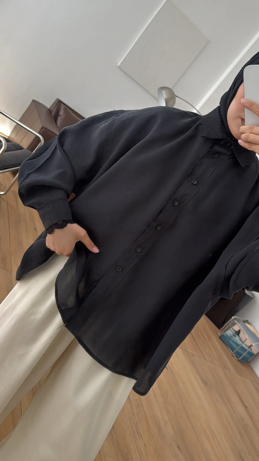 Dantelli Pis Dikişli Tencel Gömlek Siyah