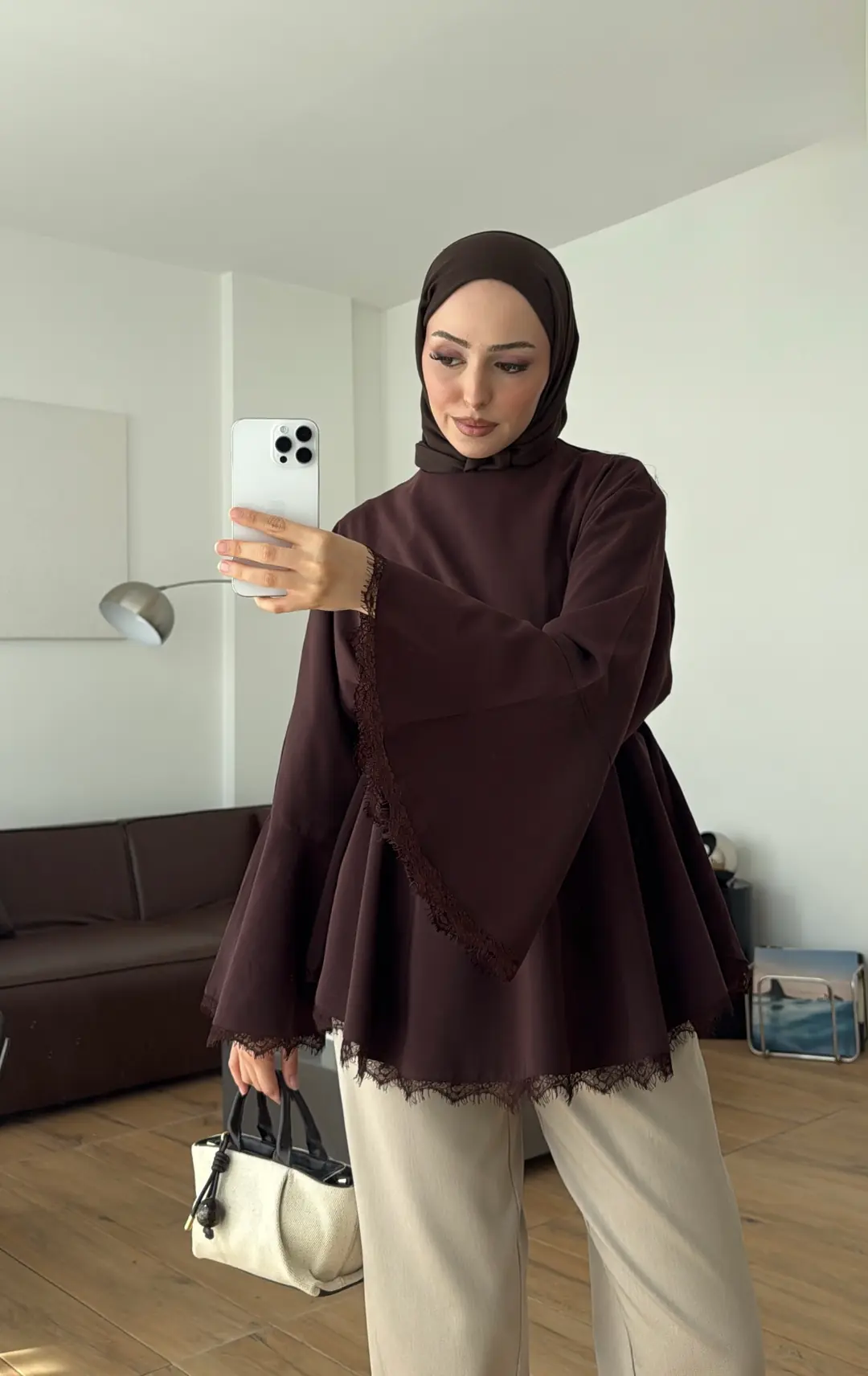Lace Bel Detay Tunik Kahve