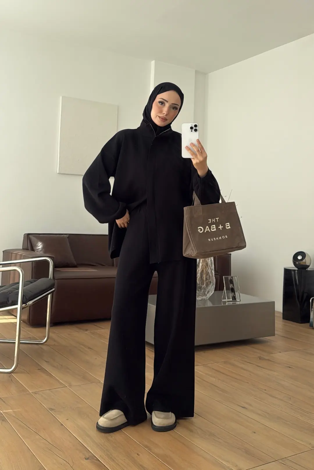Çift Fermuarlı Tok Kumaş Triko Takım Siyah