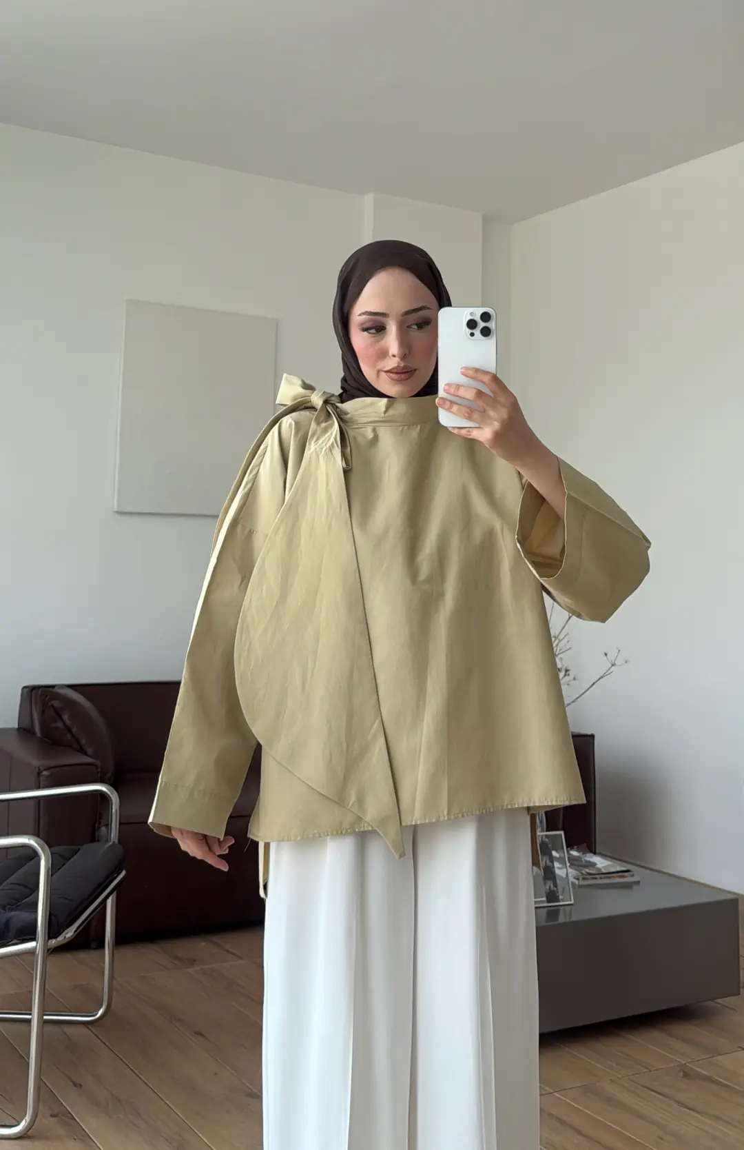 Fiyonk Detay Poplin Bluz Soft Olive