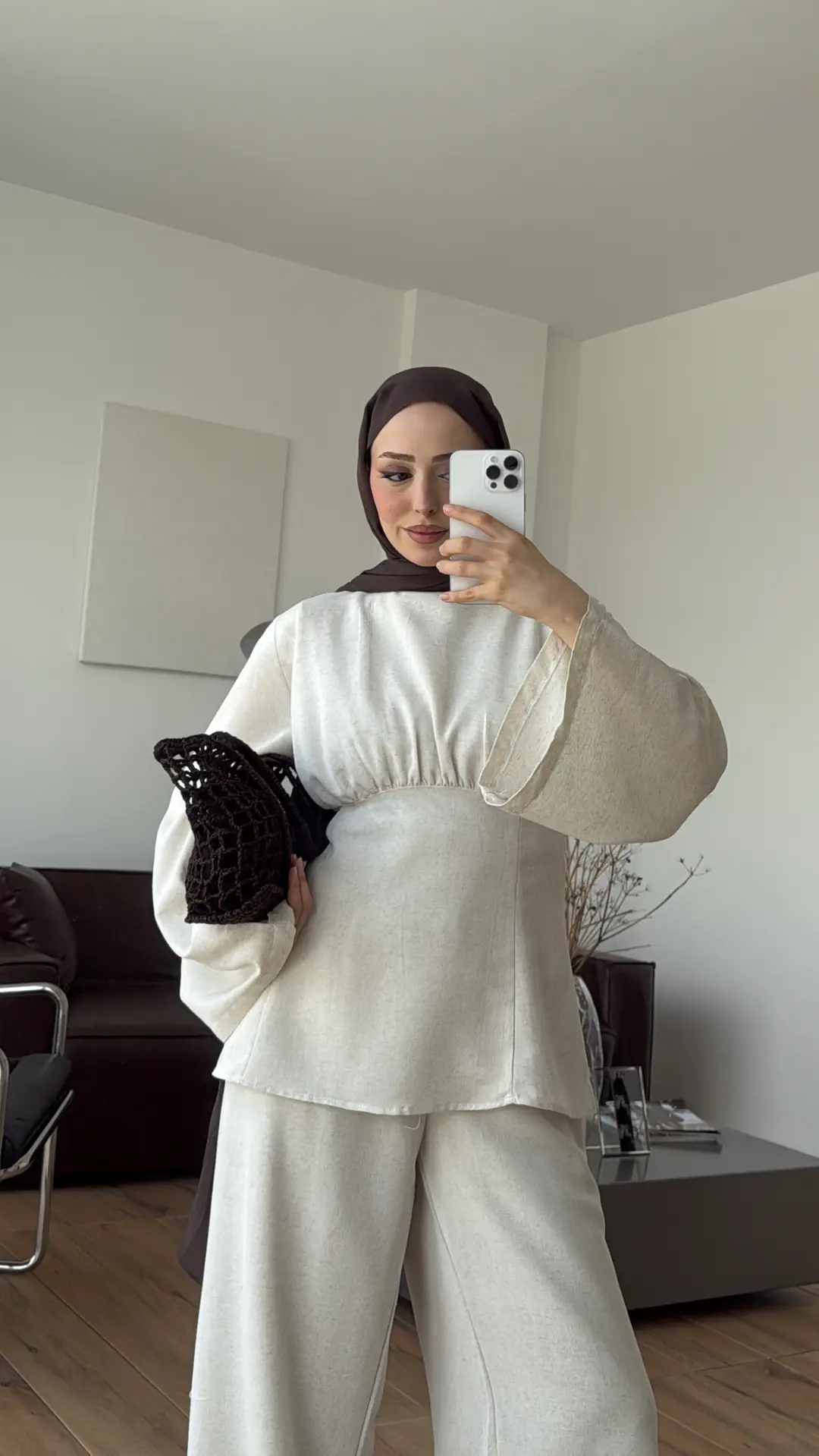Bluzlu Pera Keten Takım Bej