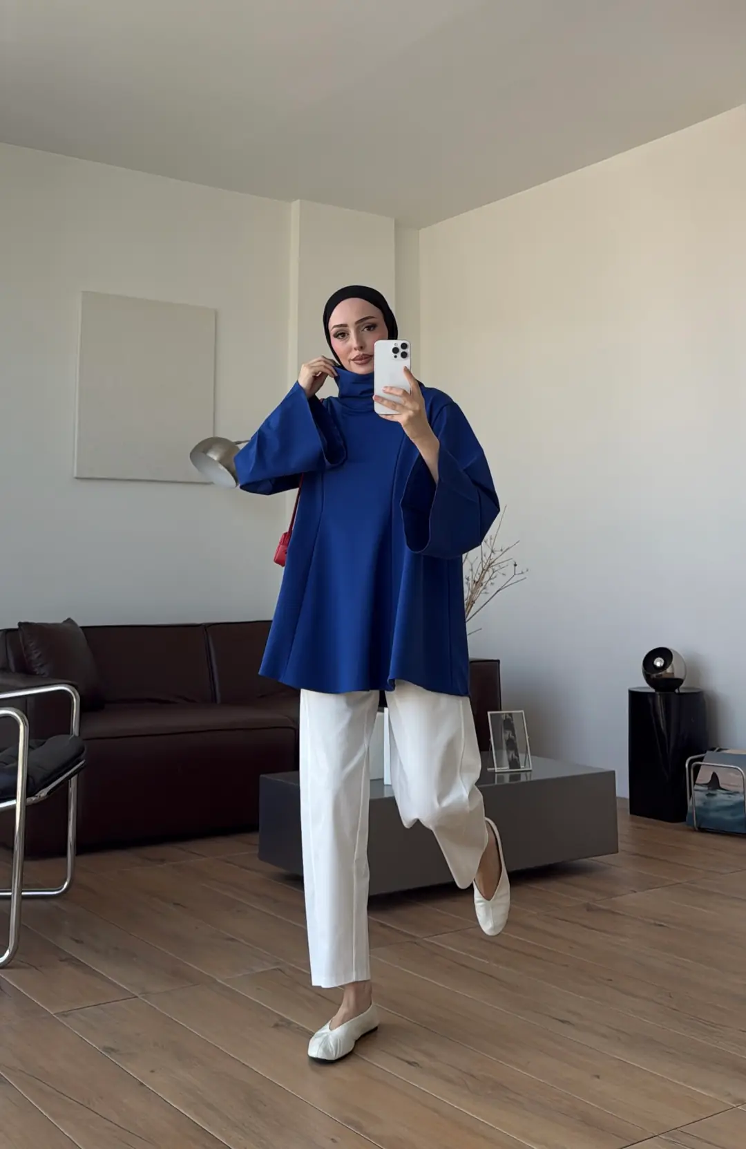 Bel Bağlamalı Dik Yaka Tunik Saks