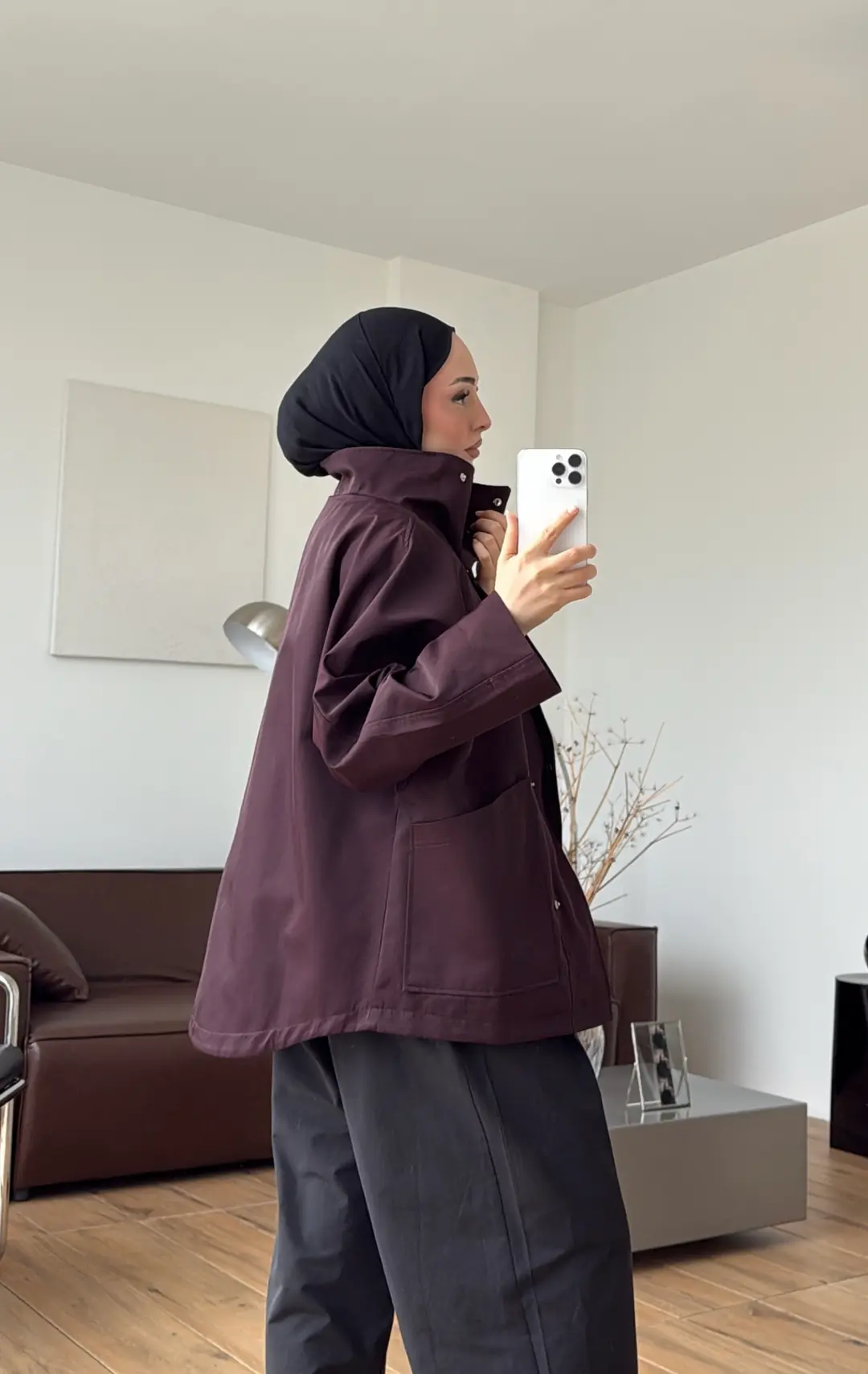 Çıtçıtlı Cep Detay Trenç Mürdüm