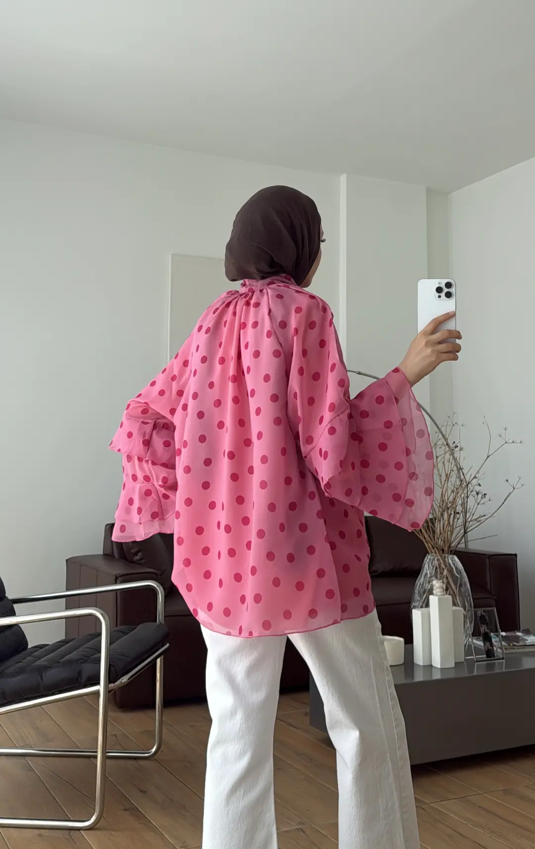 Oryo Puantiyeli Şifon Bluz Pembe
