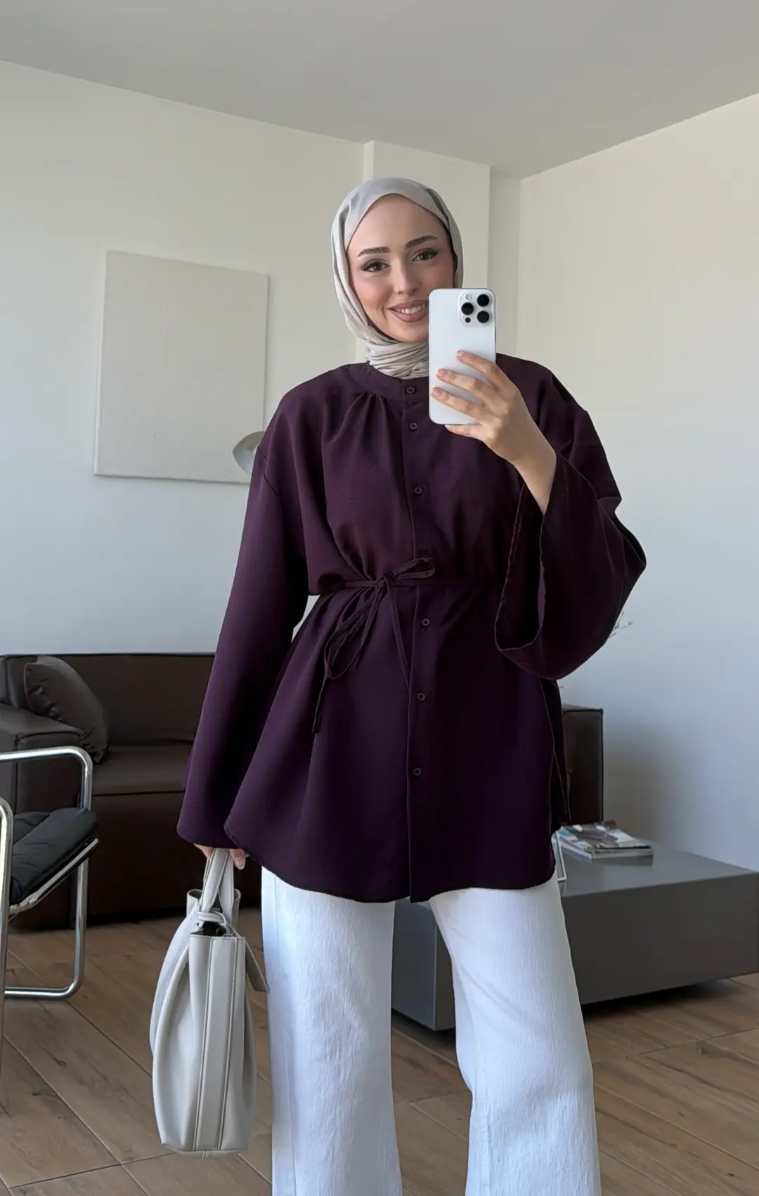 Büzgülü Bel Bağlamalı Gömlek Mürdüm