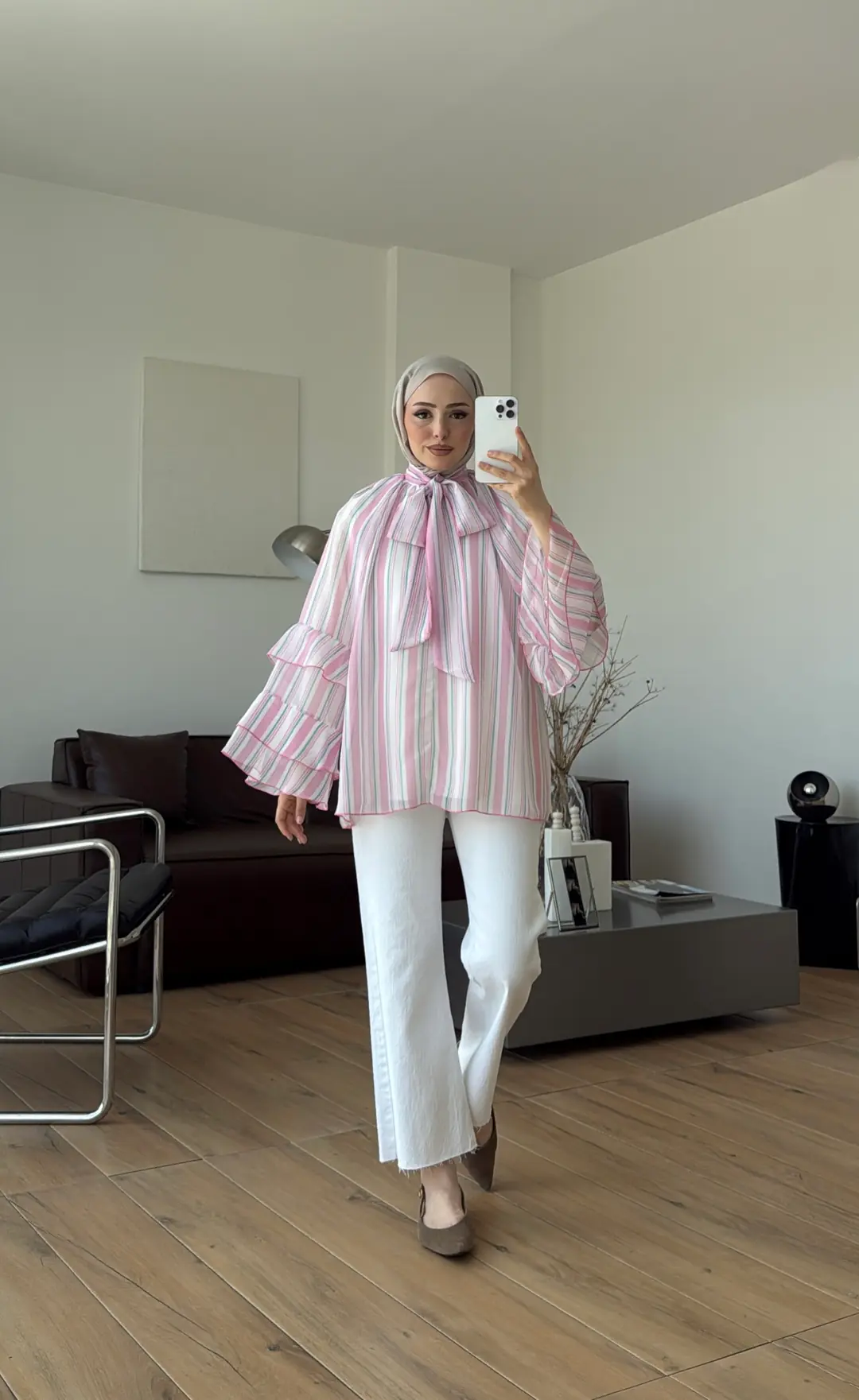 Oryo Çizgili Şifon Bluz Pembe