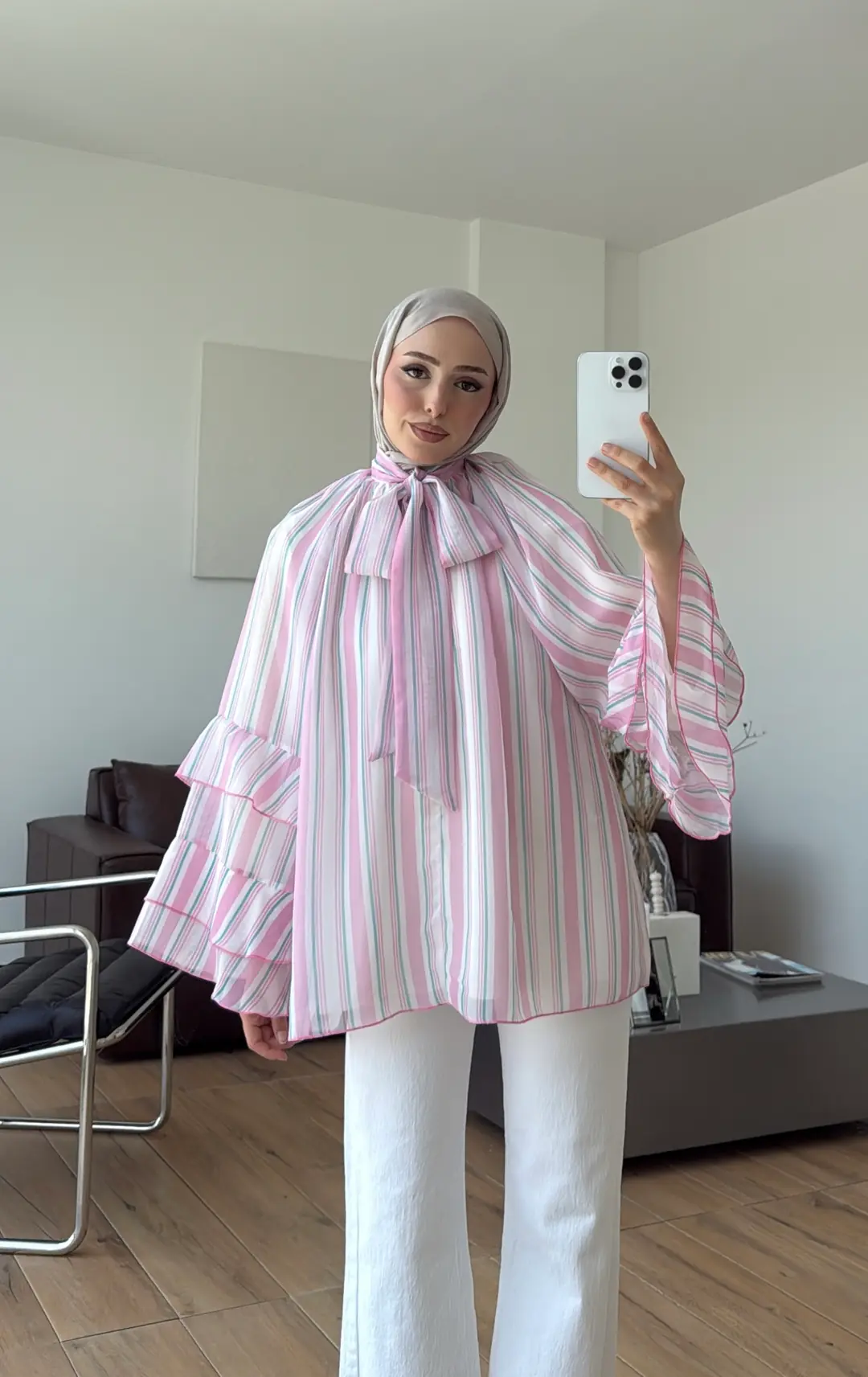 Oryo Çizgili Şifon Bluz Pembe