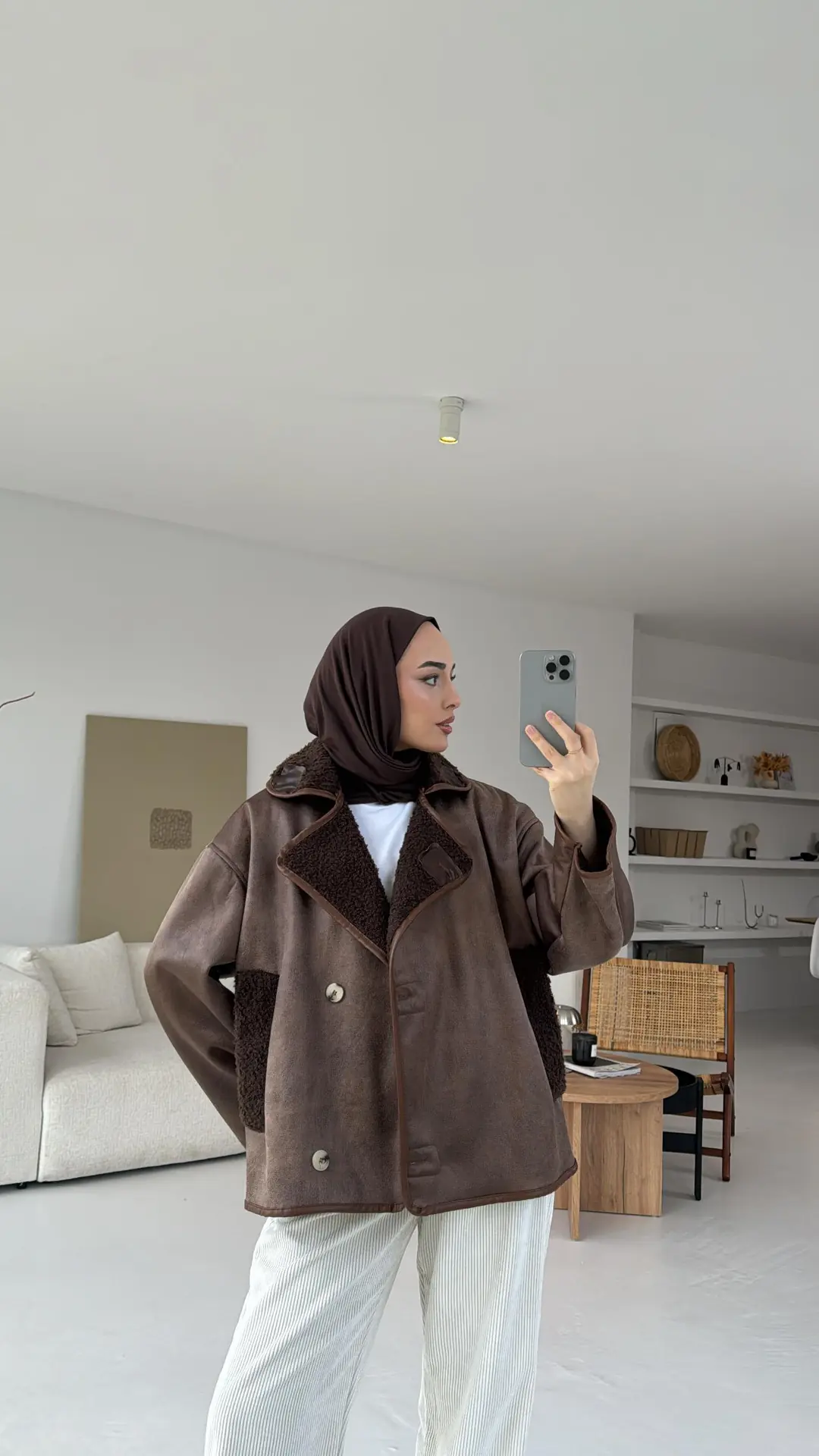 Oversize İçi Kürklü Kaban Kahve