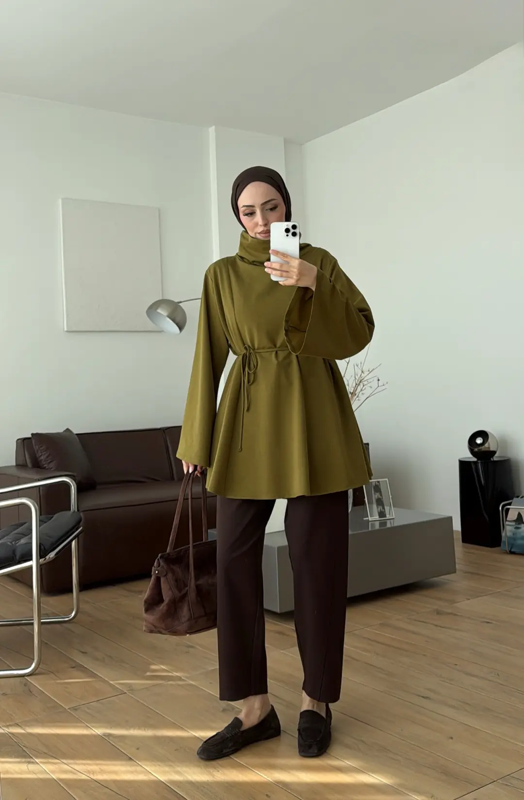 Bel Bağlamalı Dik Yaka Tunik Olive